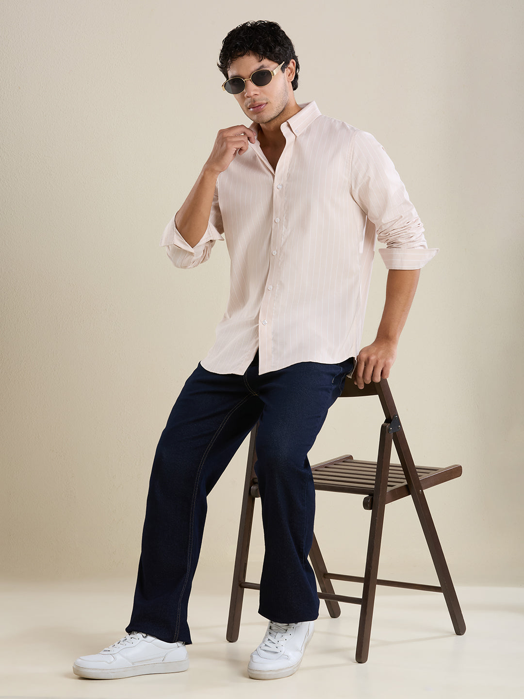 Men's Slim Fit Sand Beige Striped Oxford Cotton Casual Shirt