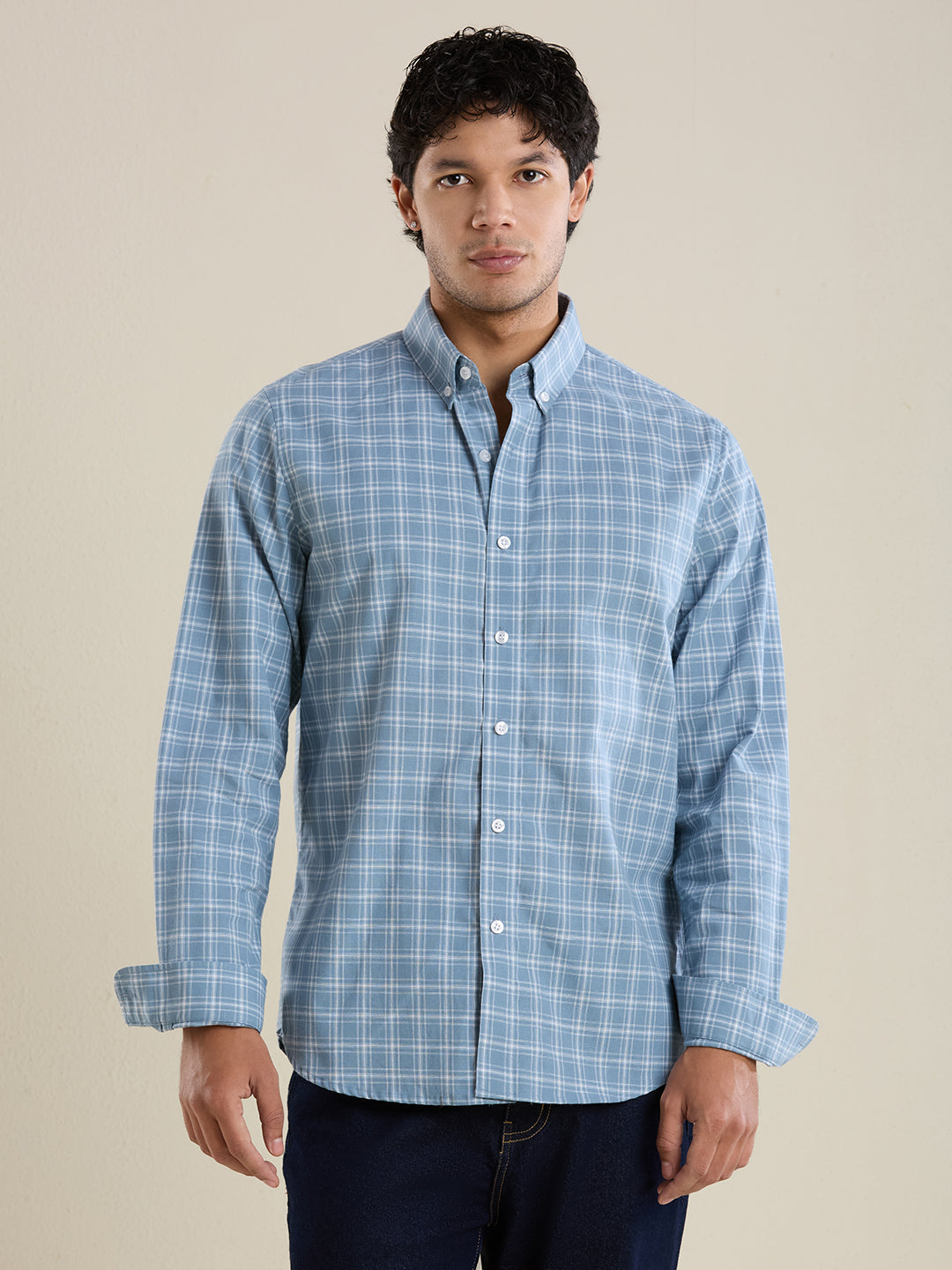 Men's Slim Fit Sky Blue Checkered Cotton Casual Shirt