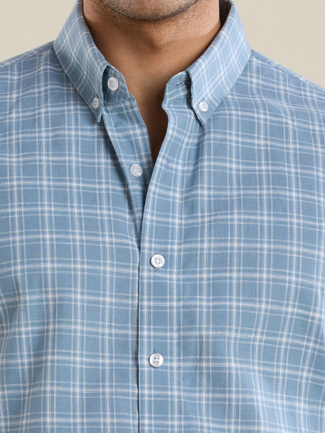 Men's Slim Fit Sky Blue Checkered Cotton Casual Shirt