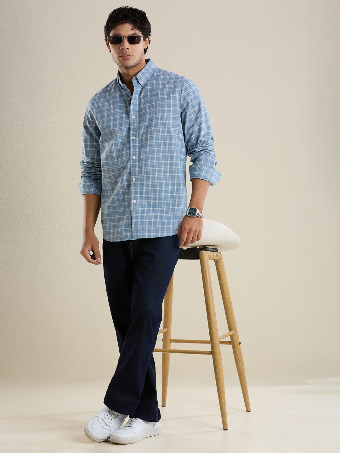 Men's Slim Fit Sky Blue Checkered Cotton Casual Shirt