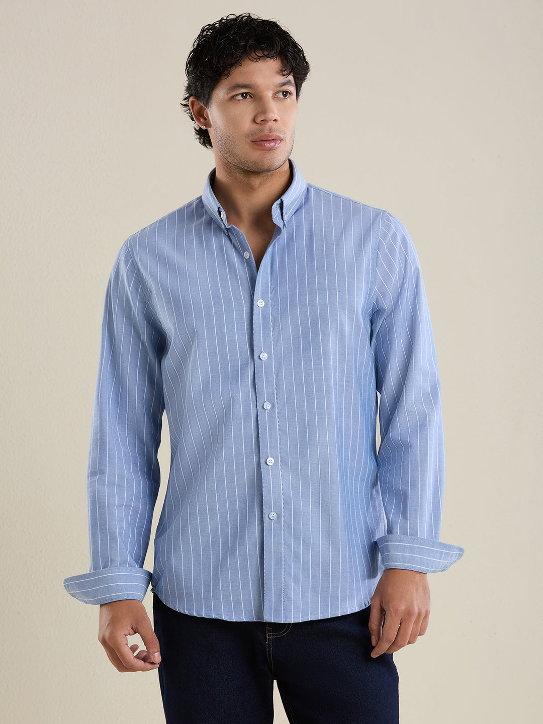 Men's Slim Fit Sky Blue Striped Oxford Cotton Casual Shirt