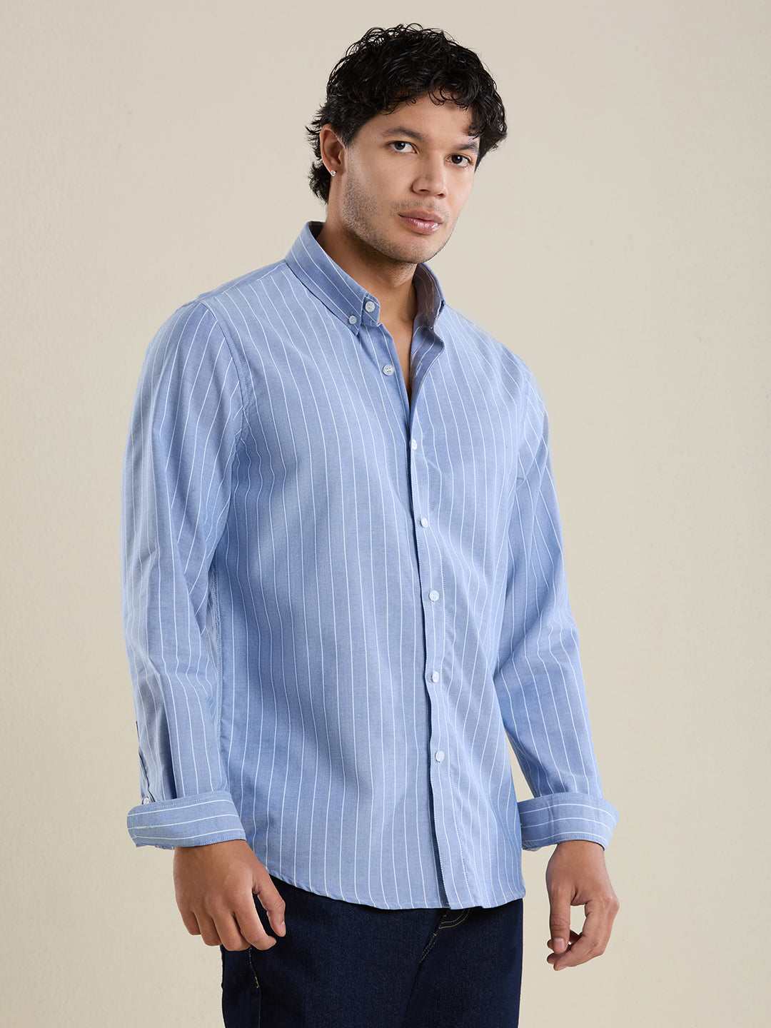 Men's Slim Fit Sky Blue Striped Oxford Cotton Casual Shirt | Mark & Albert