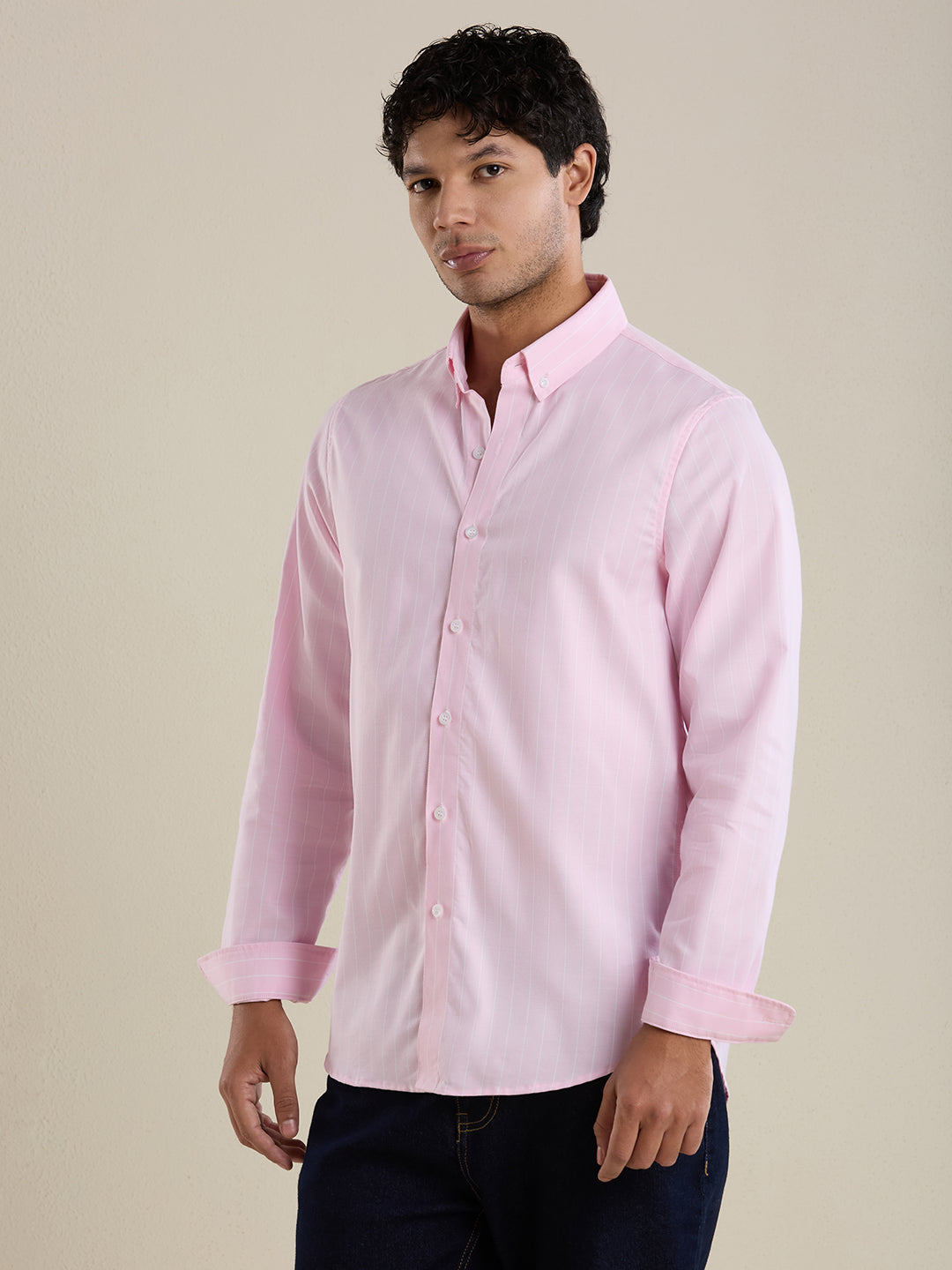 Men's Slim Fit Pink Striped Oxford Cotton Casual Shirt | Mark & Albert