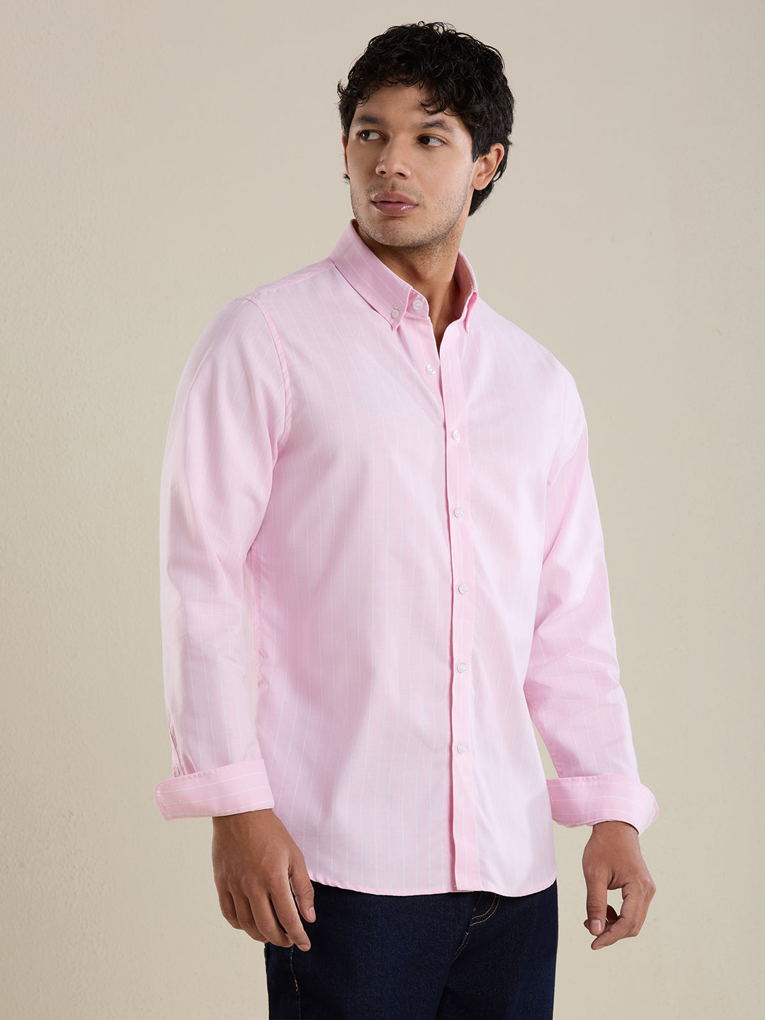 Men's Slim Fit Blush Pink Striped Oxford Cotton Casual Shirt