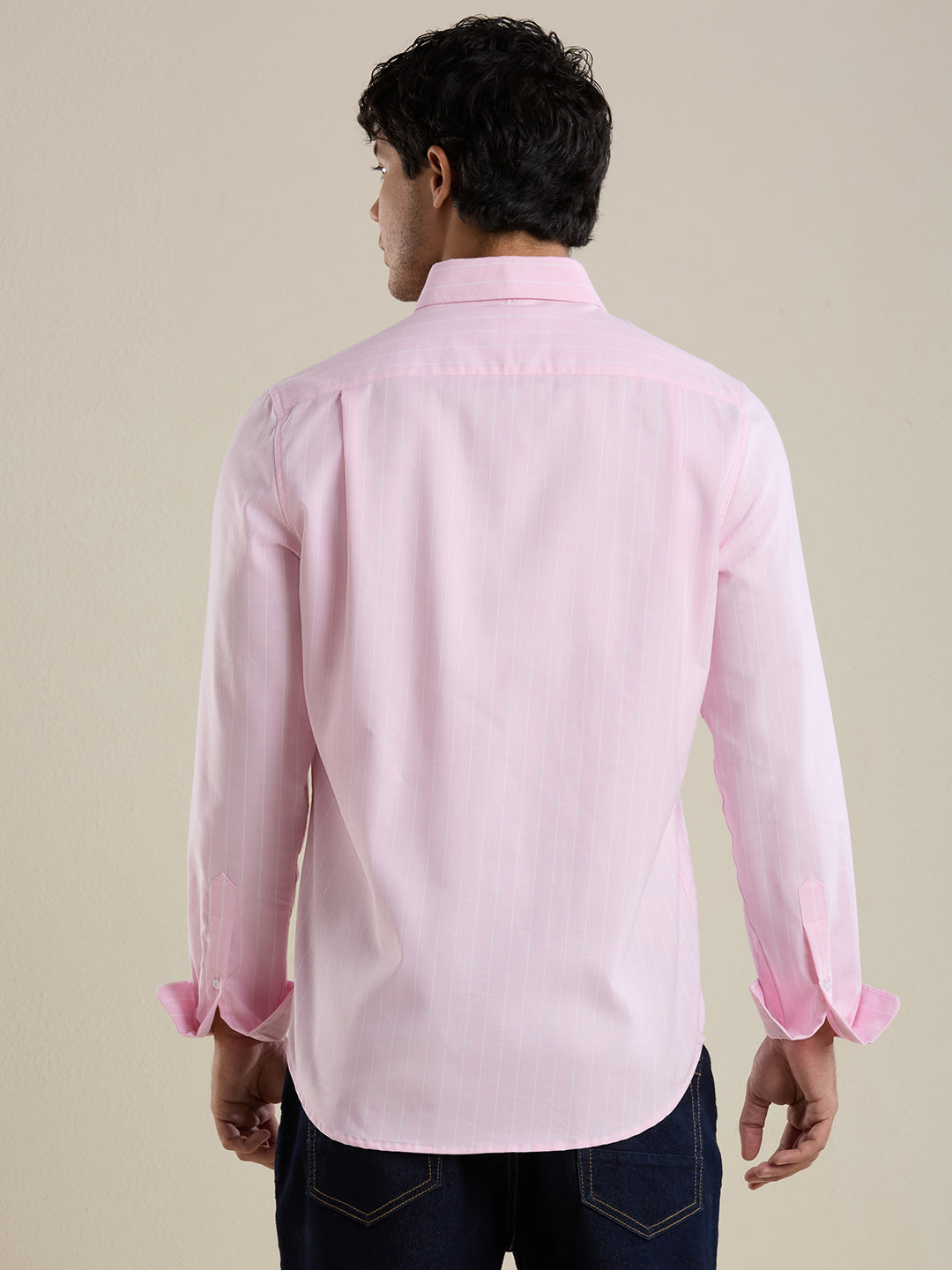 Men's Slim Fit Pink Striped Oxford Cotton Casual Shirt | Mark & Albert