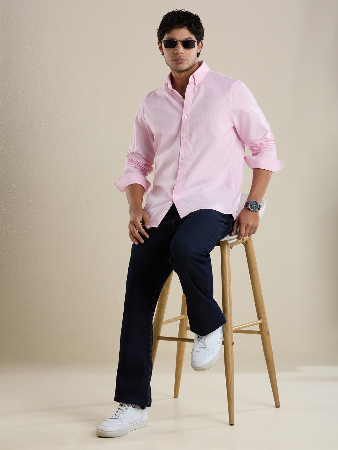 Men's Slim Fit Blush Pink Striped Oxford Cotton Casual Shirt