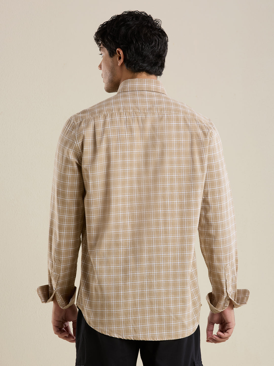 Men's Slim Fit Desert Sand Checkered Cotton Casual Shirt