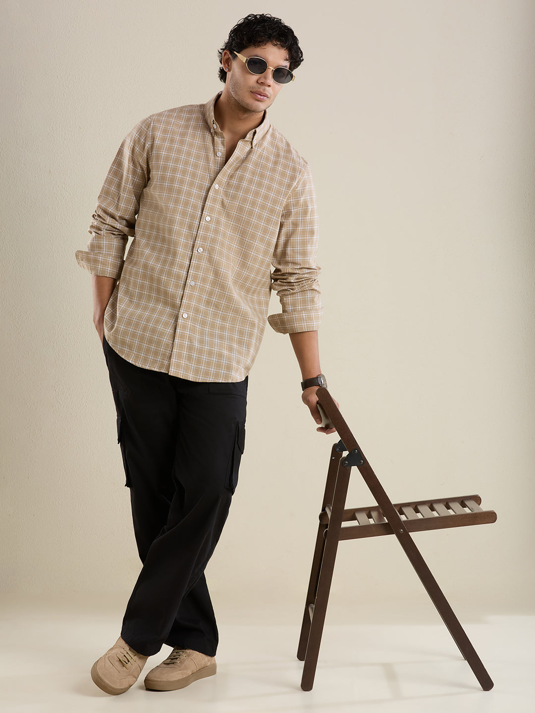 Men's Slim Fit Desert Sand Checkered Cotton Casual Shirt