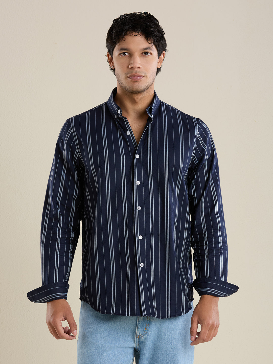 Men's Slim Fit Blue Striped Oxford Cotton Casual Shirt | Mark & Albert