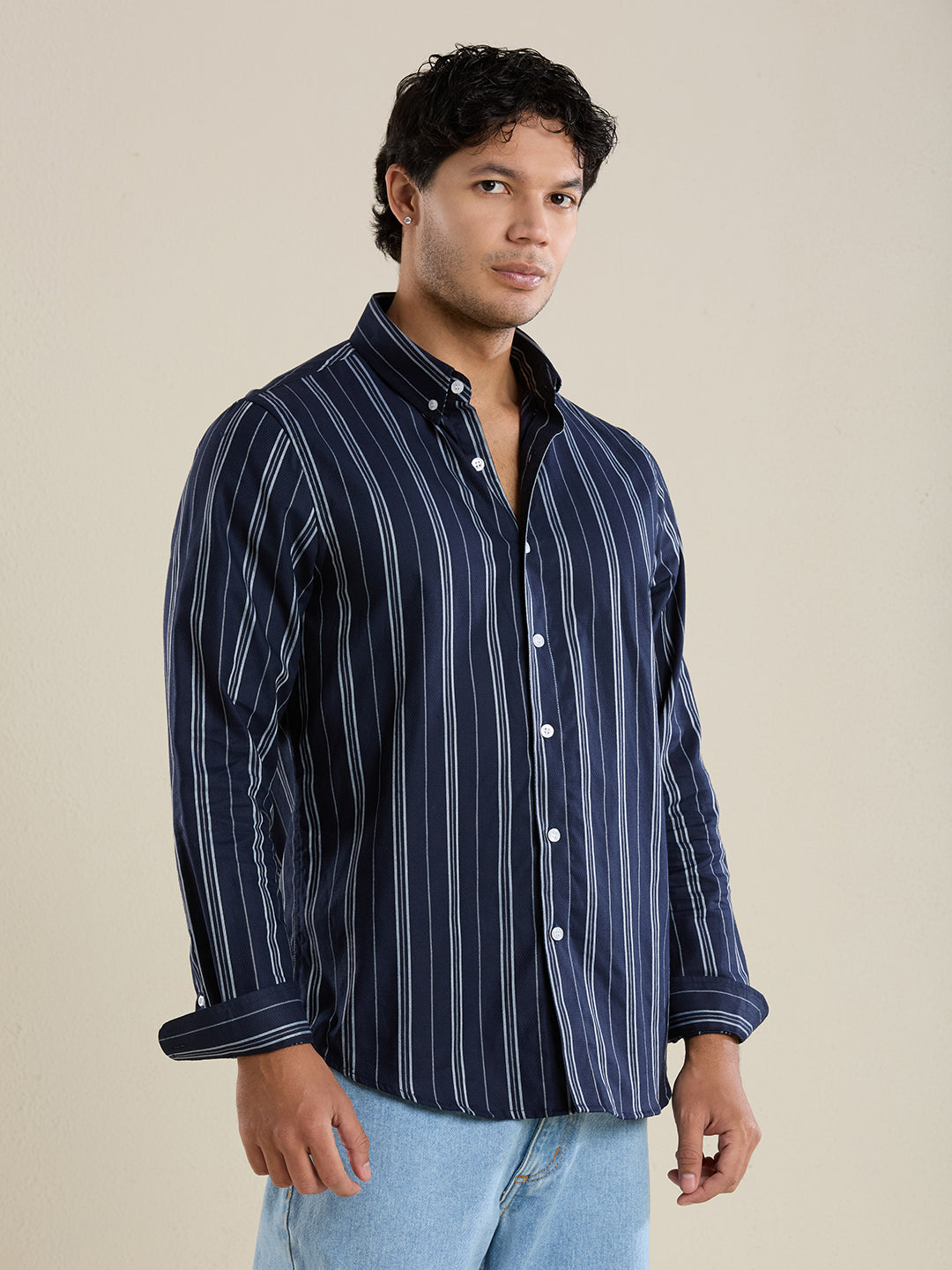 Men's Slim Fit Striped Oxford Cotton Casual Shirt