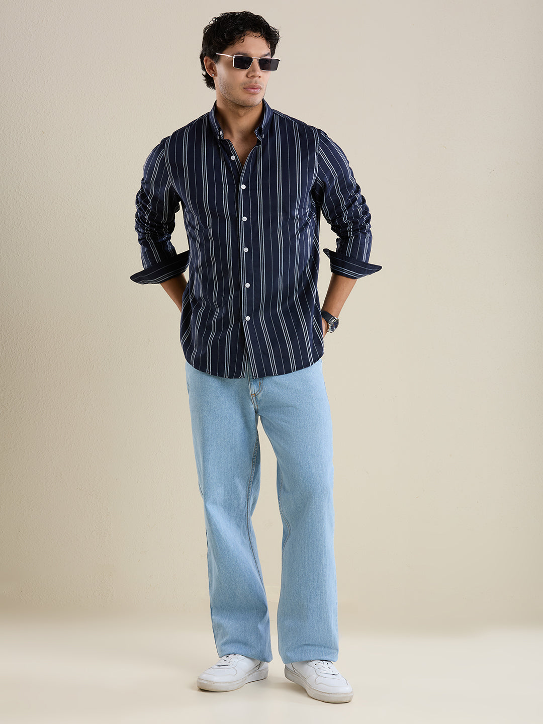 Men's Slim Fit Blue Striped Oxford Cotton Casual Shirt | Mark & Albert