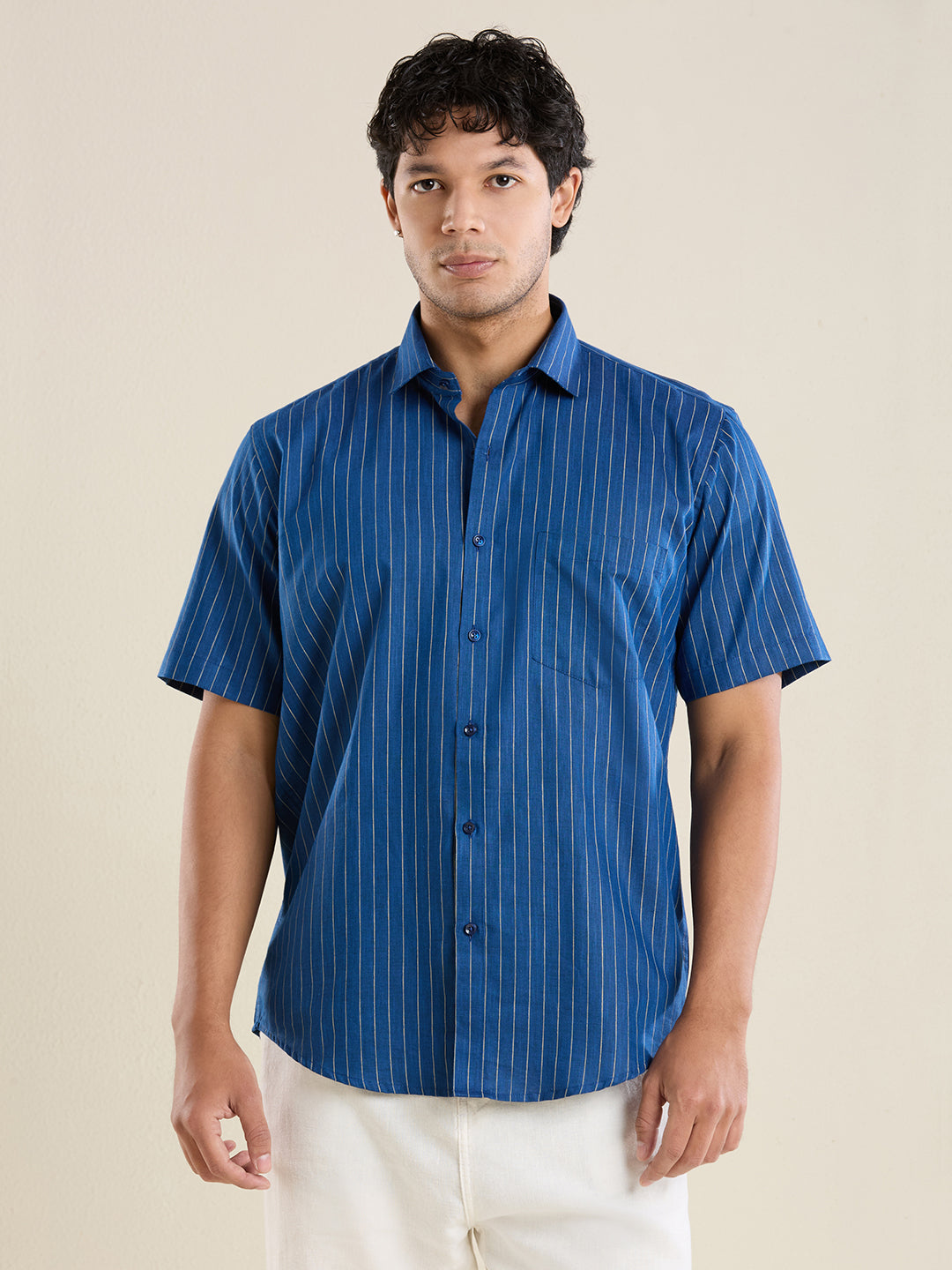 Men's Half Sleeve Striped Cotton Linen Shirt