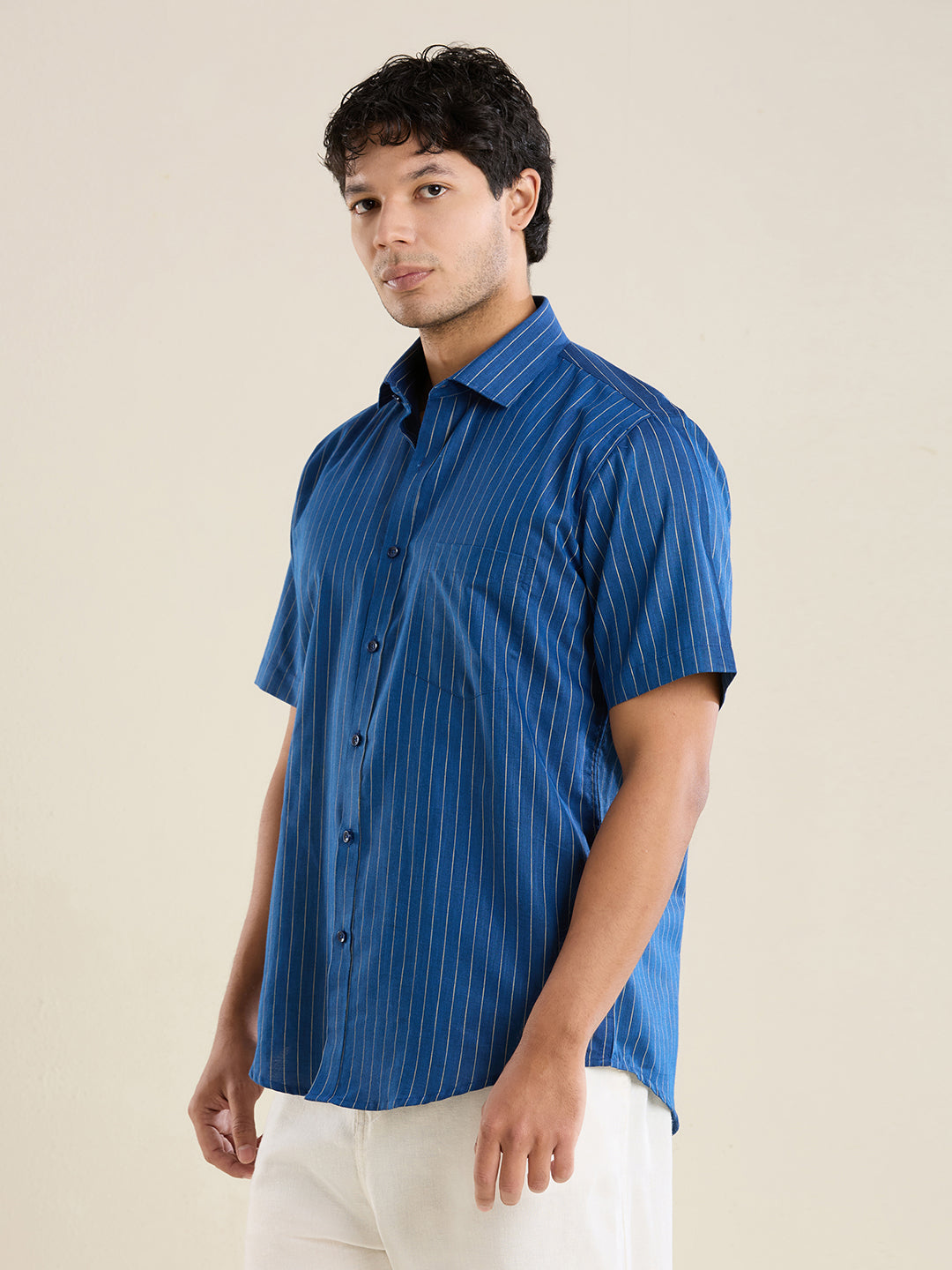 Men's Half Sleeve Striped Cotton Linen Shirt