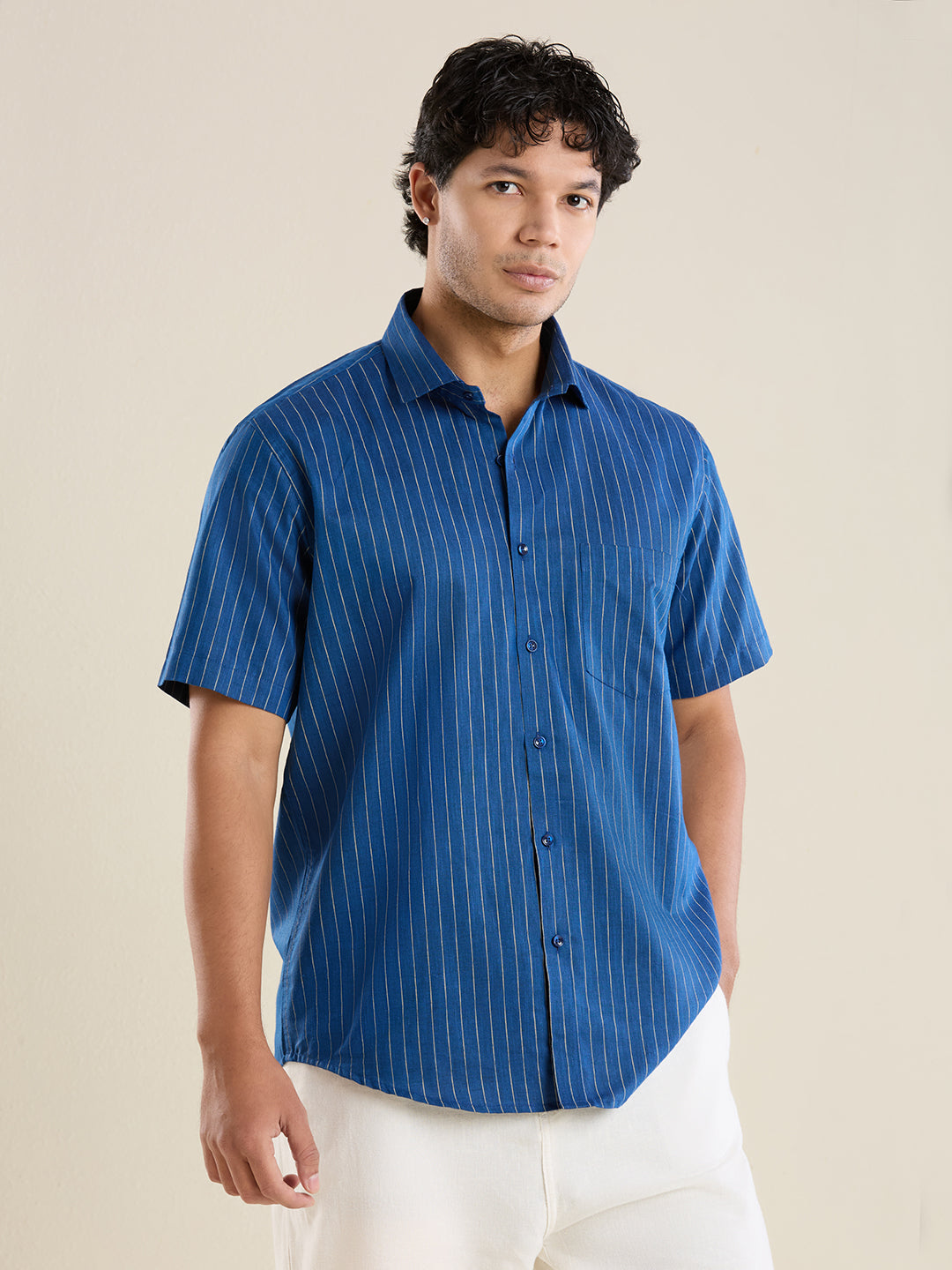 Men's Half Sleeve Striped Cotton Linen Shirt