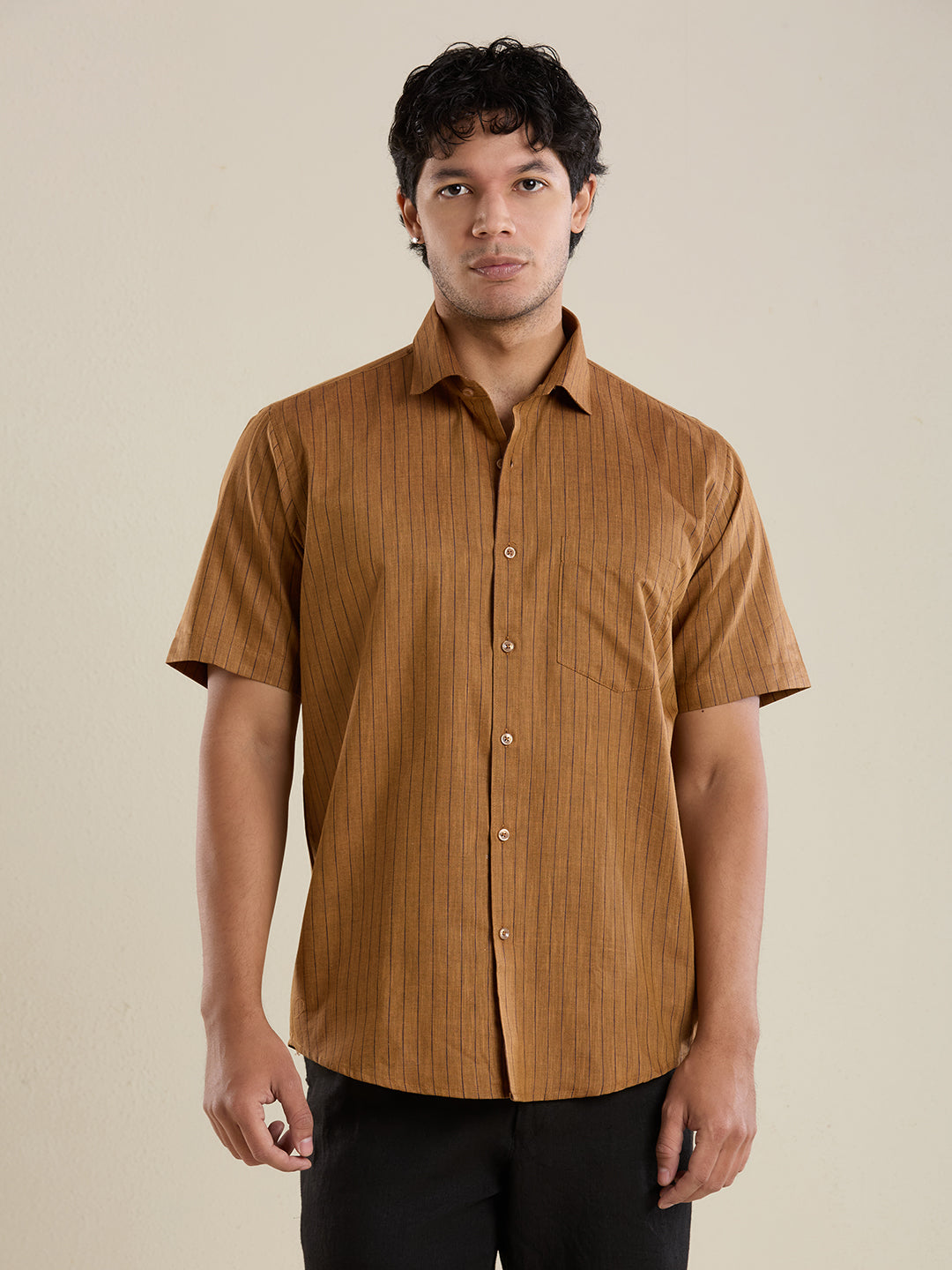 Men's Half Sleeve Striped Cotton Linen Shirt