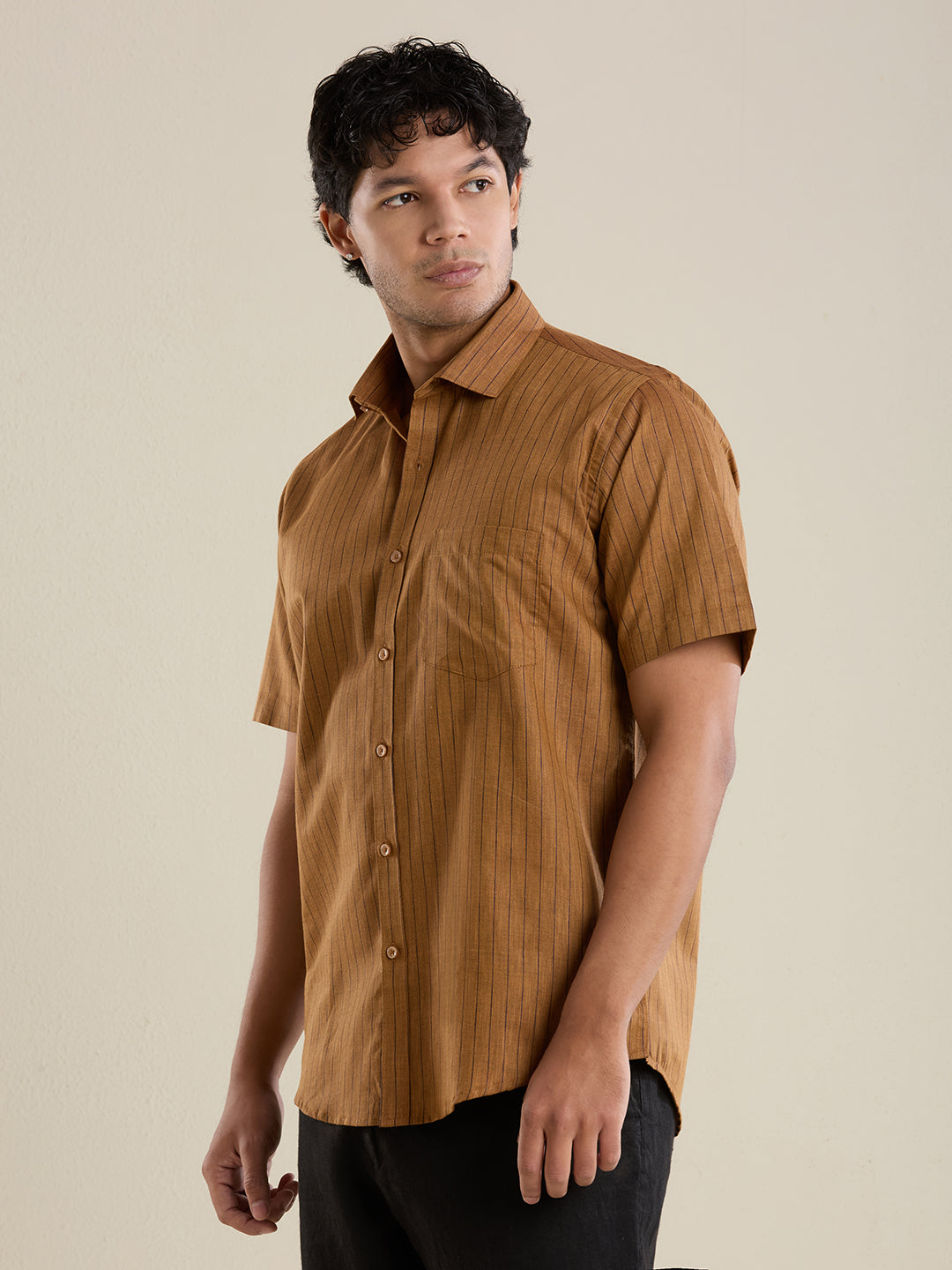 Men's Half Sleeve Striped Cotton Linen Shirt