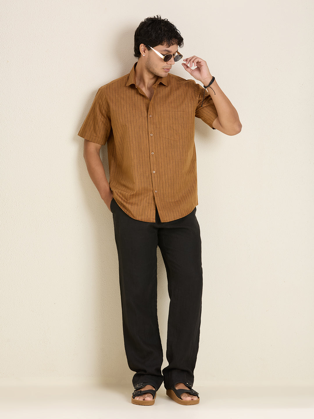 Men's Half Sleeve Striped Cotton Linen Shirt