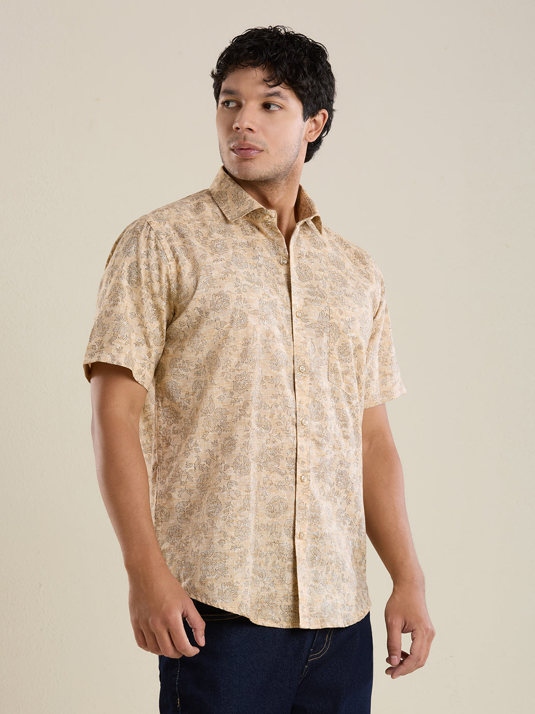 Men's Slim Fit Ochre Floral Cotton Linen Shirt
