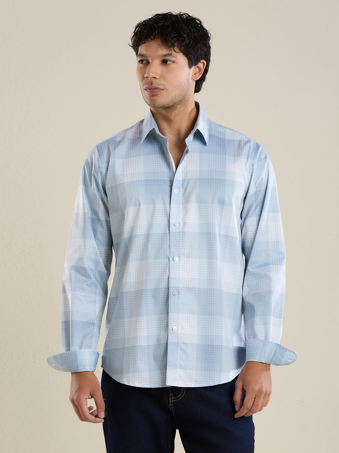 Men's Slim Fit Grey Checks Cotton Casual Shirt | Mark & Albert