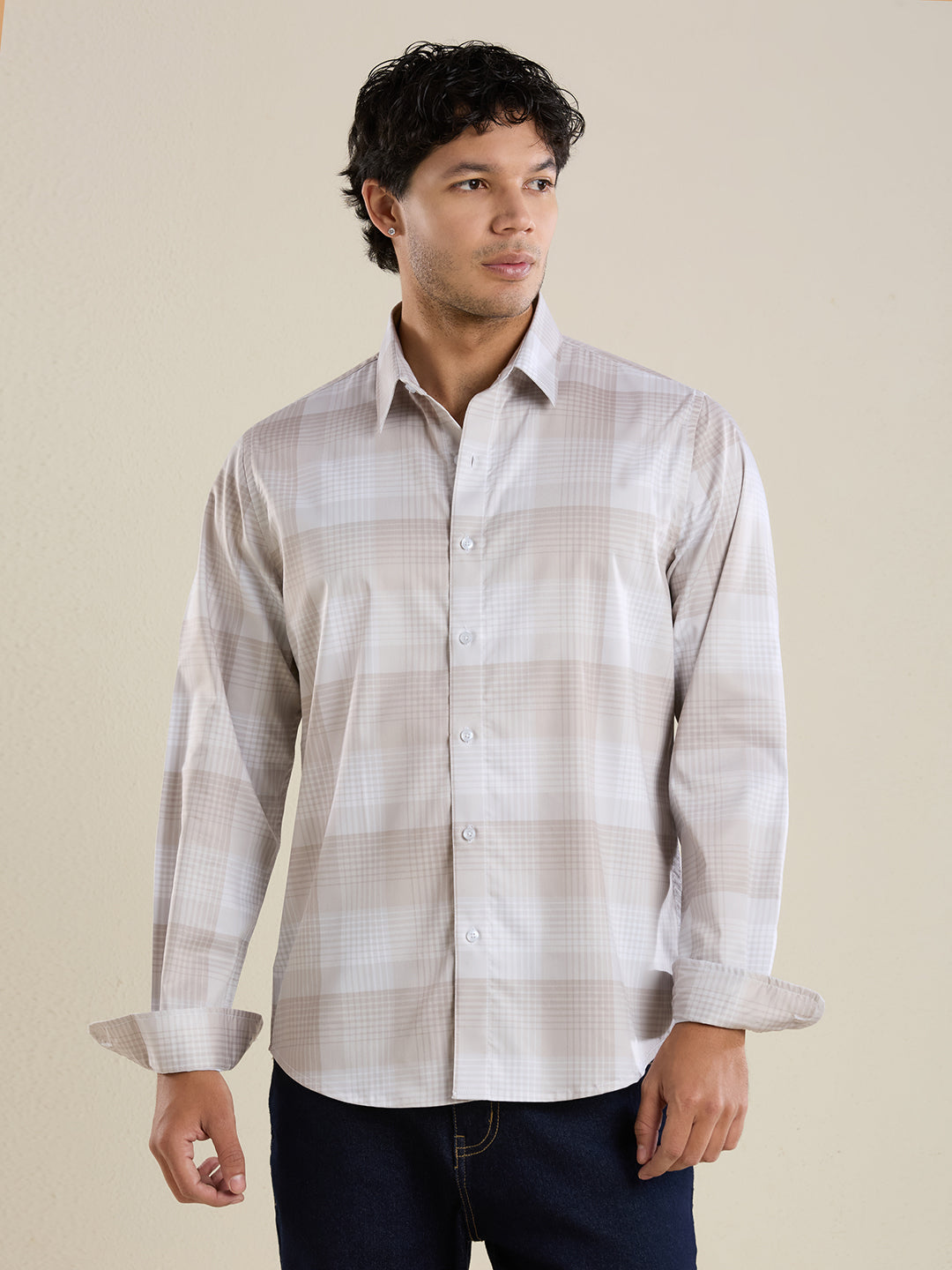 Men's Slim Fit Beige Checks Cotton Casual Shirt | Mark & Albert