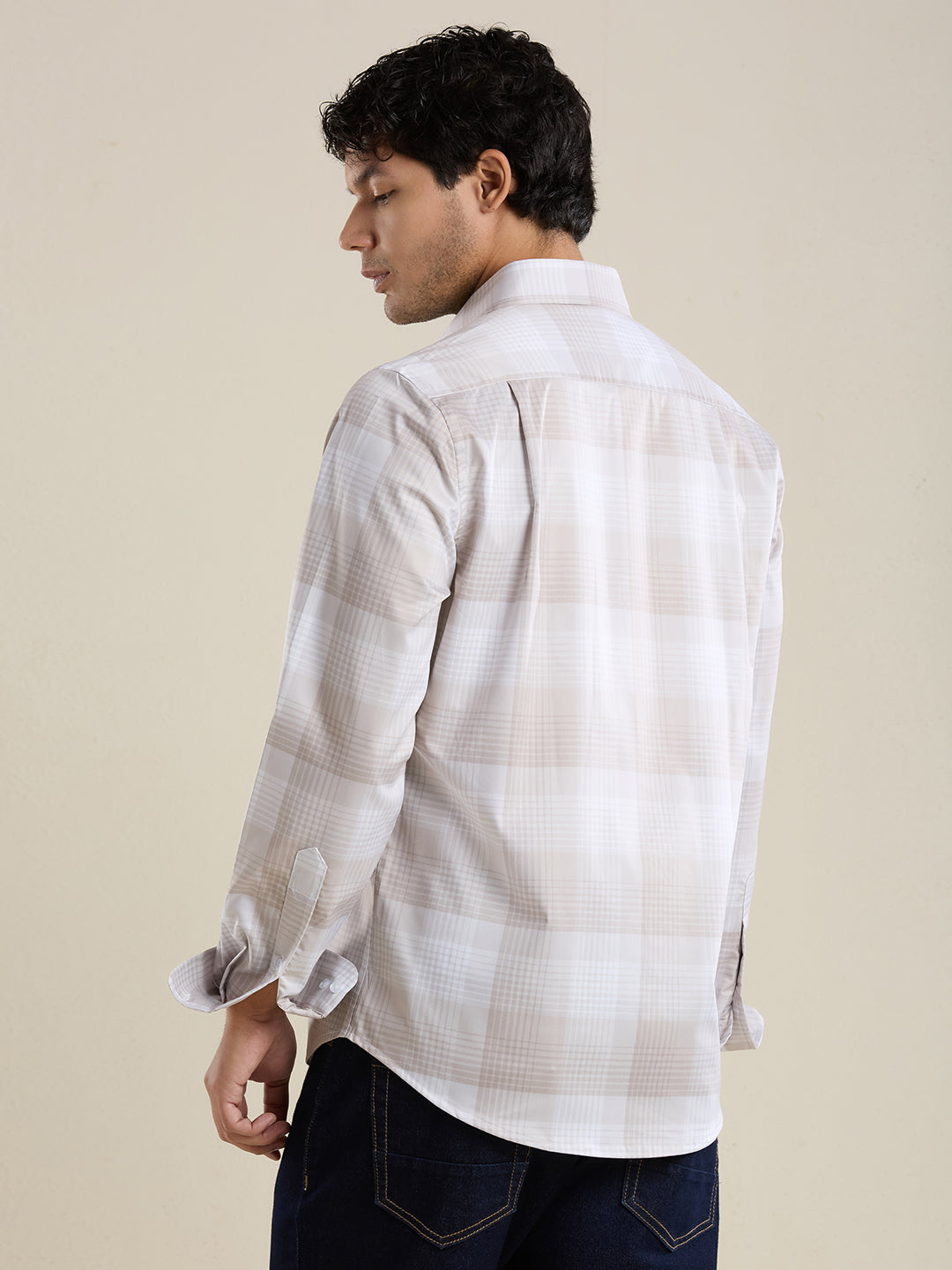 Men's Slim Fit Beige Checks Cotton Casual Shirt | Mark & Albert