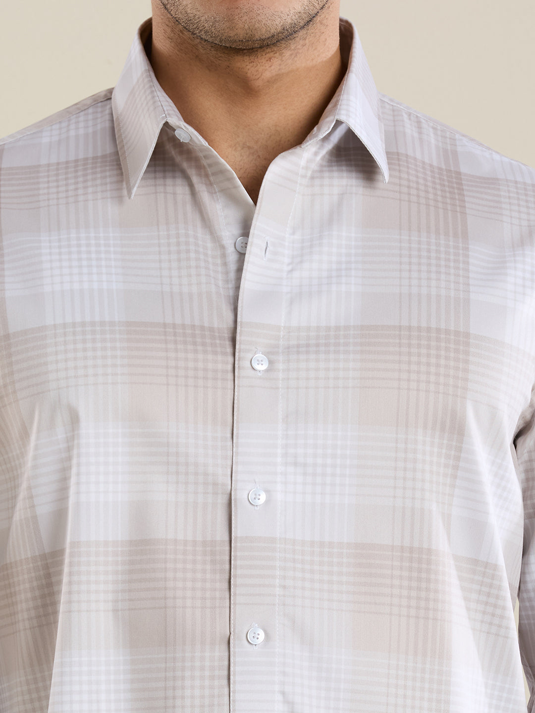 Men's Slim Fit Beige Checks Cotton Casual Shirt | Mark & Albert