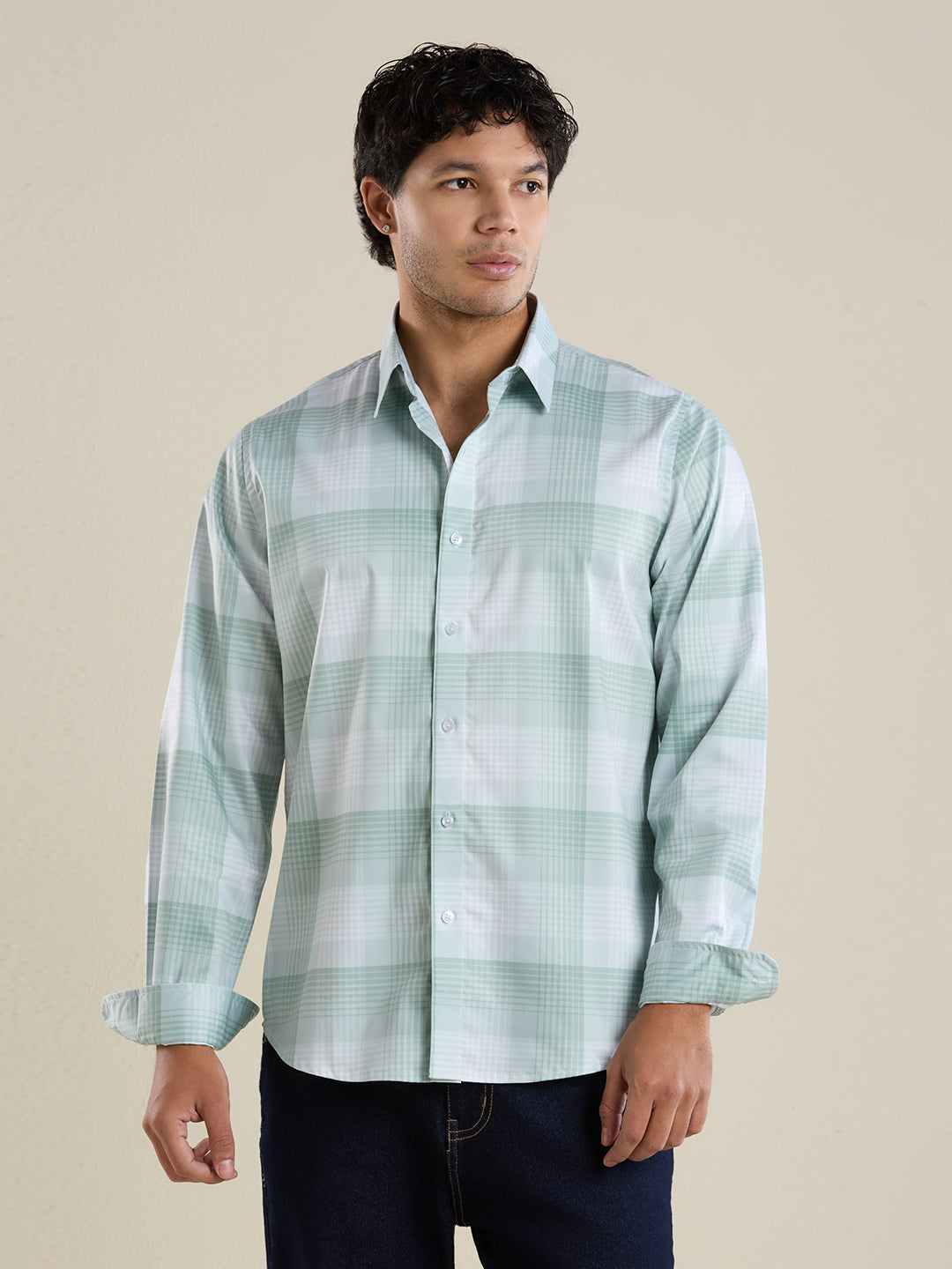 Men's Slim Fit Green Checks Cotton Casual Shirt | Mark & Albert
