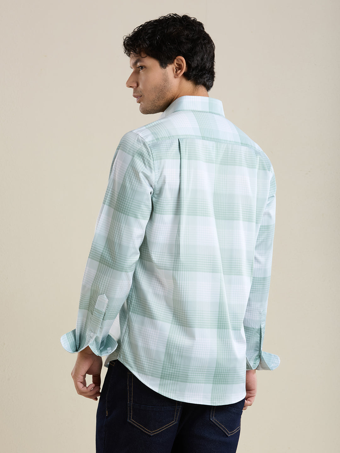 Men's Slim Fit Green Checks Cotton Casual Shirt | Mark & Albert