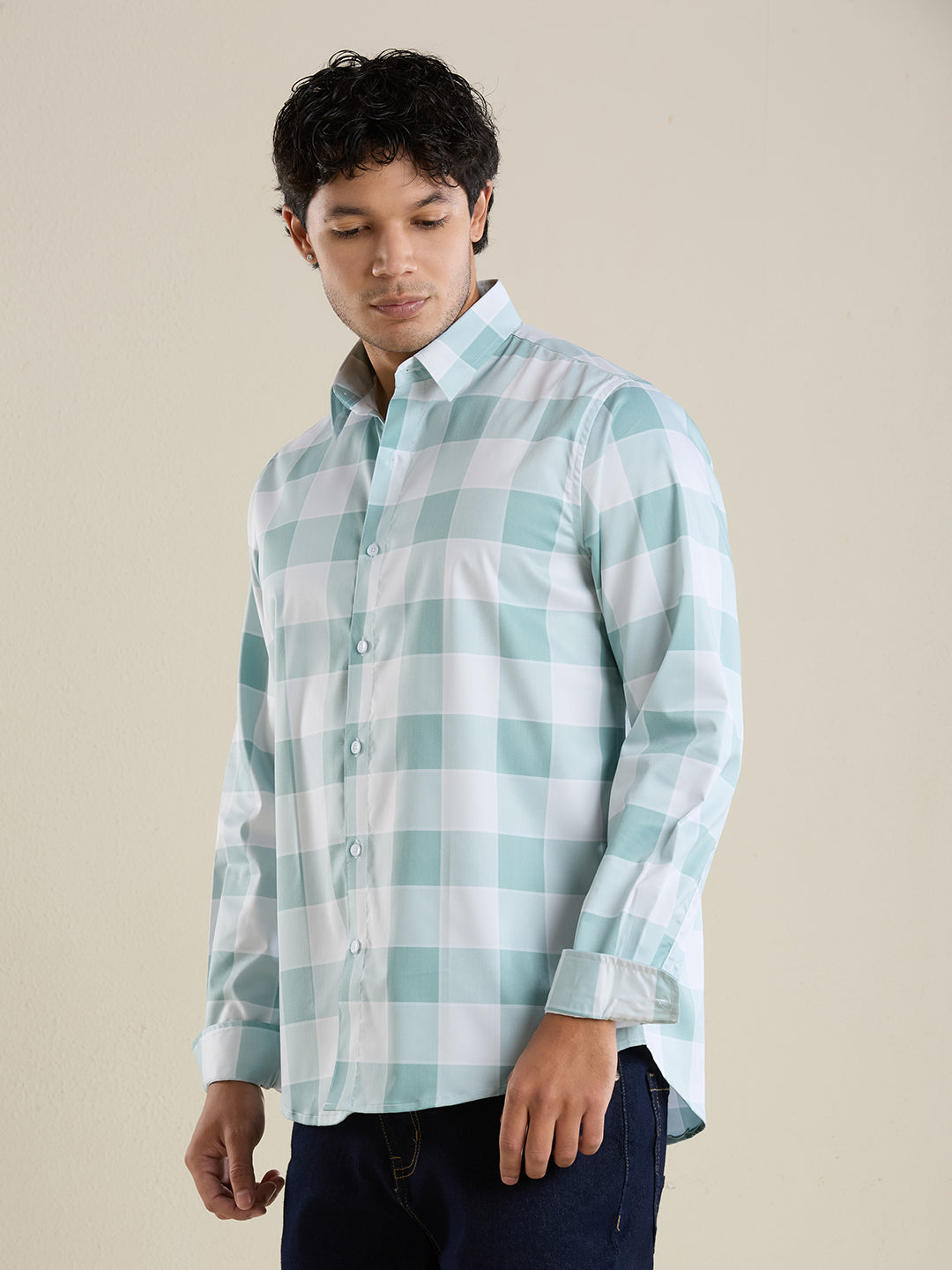 Men's Slim Fit Green Checks Cotton Casual Shirt | Mark & Albert