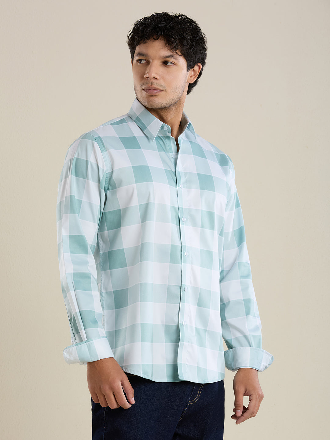 Men's Slim Fit Green Checks Cotton Casual Shirt | Mark & Albert