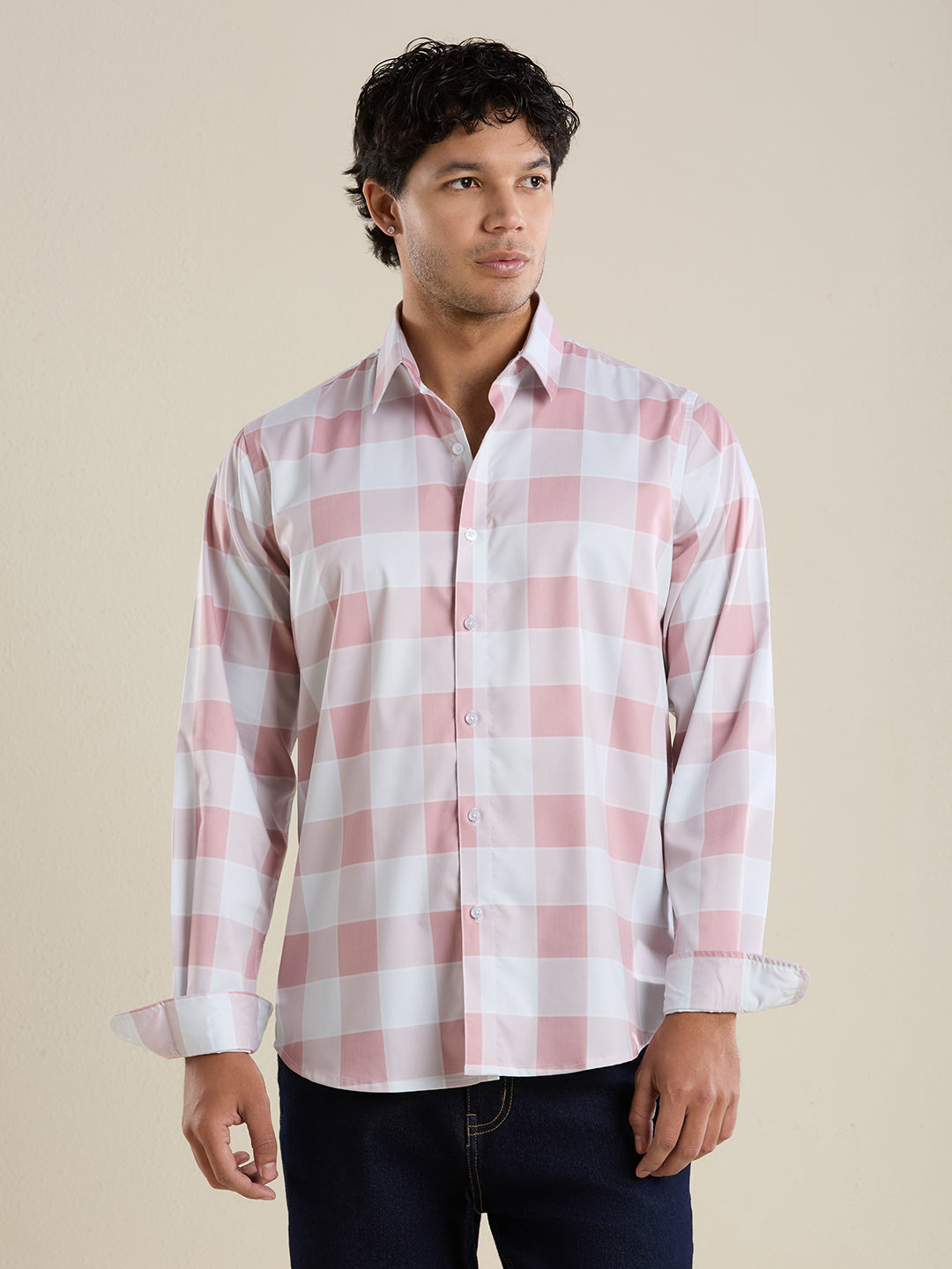 Men's Slim Fit Pink Checks Cotton Casual Shirt | Mark & Albert