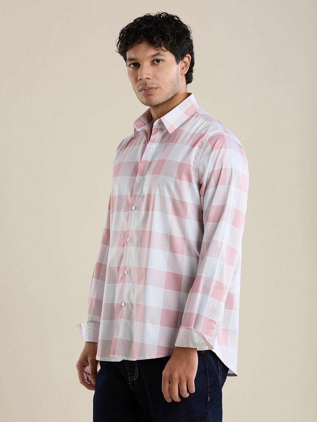 Men's Slim Fit Pink Checks Cotton Casual Shirt | Mark & Albert