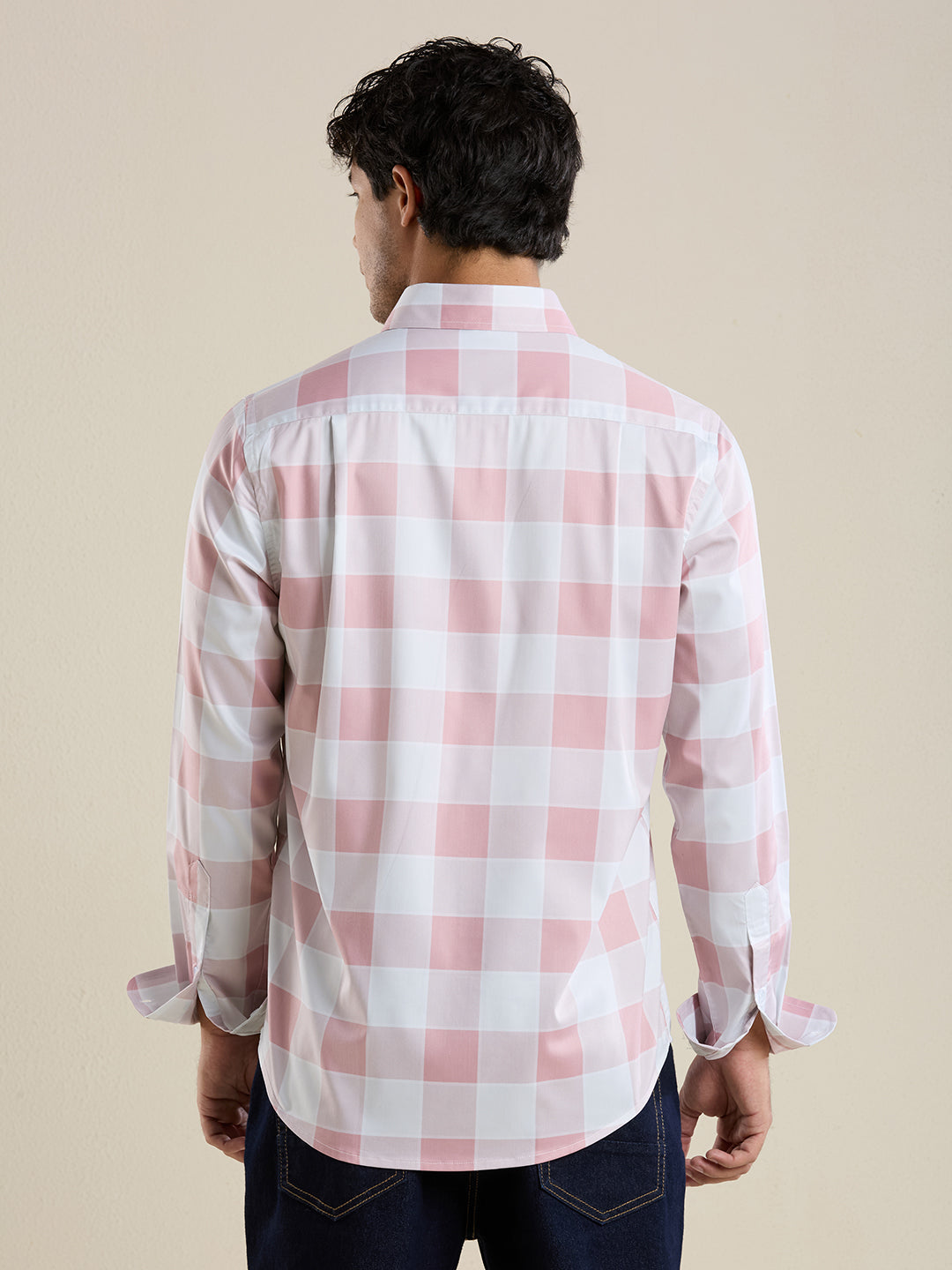 Men's Slim Fit Pink Checks Cotton Casual Shirt | Mark & Albert
