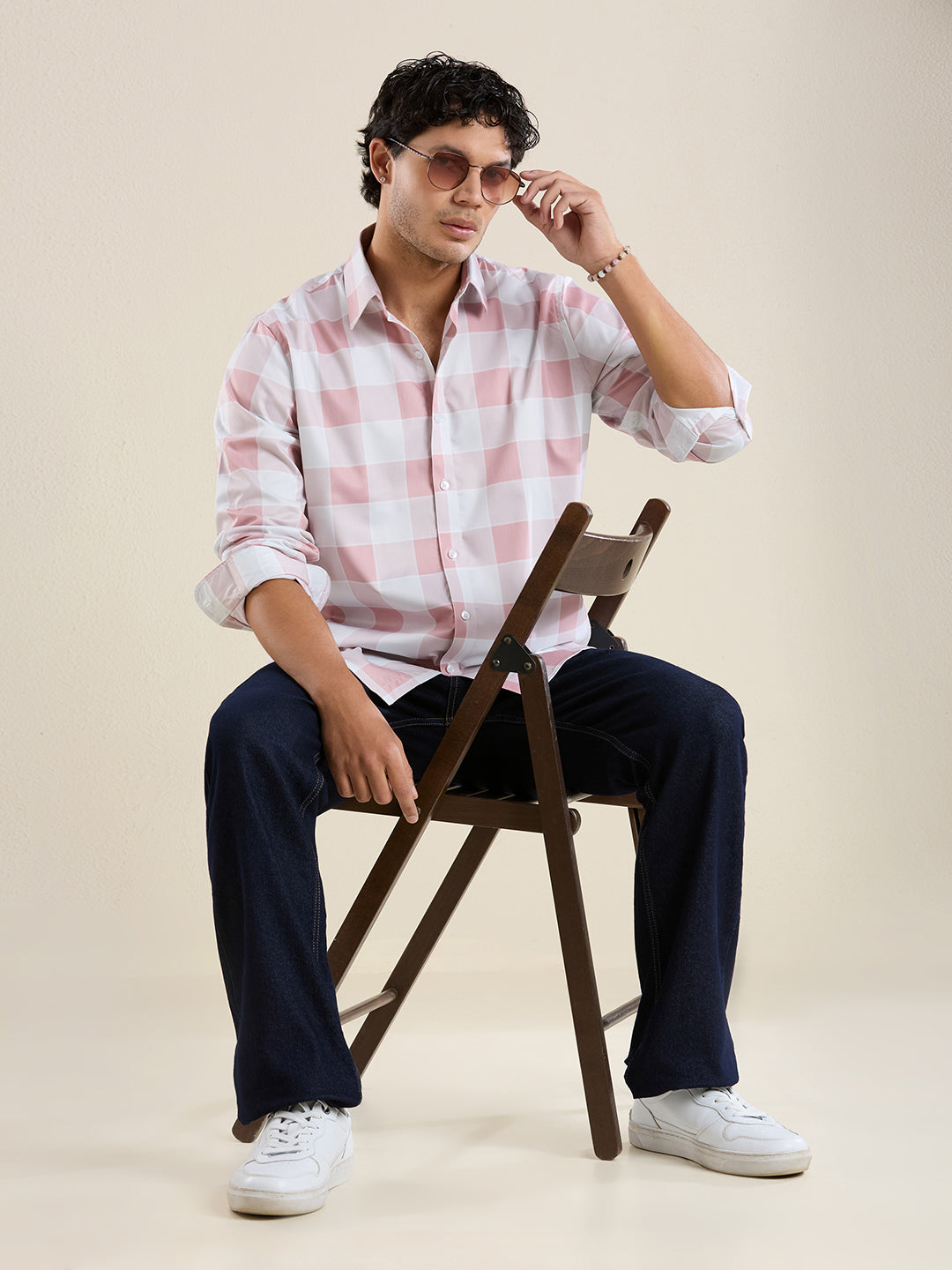 Men's Slim Fit Pink Checks Cotton Casual Shirt | Mark & Albert