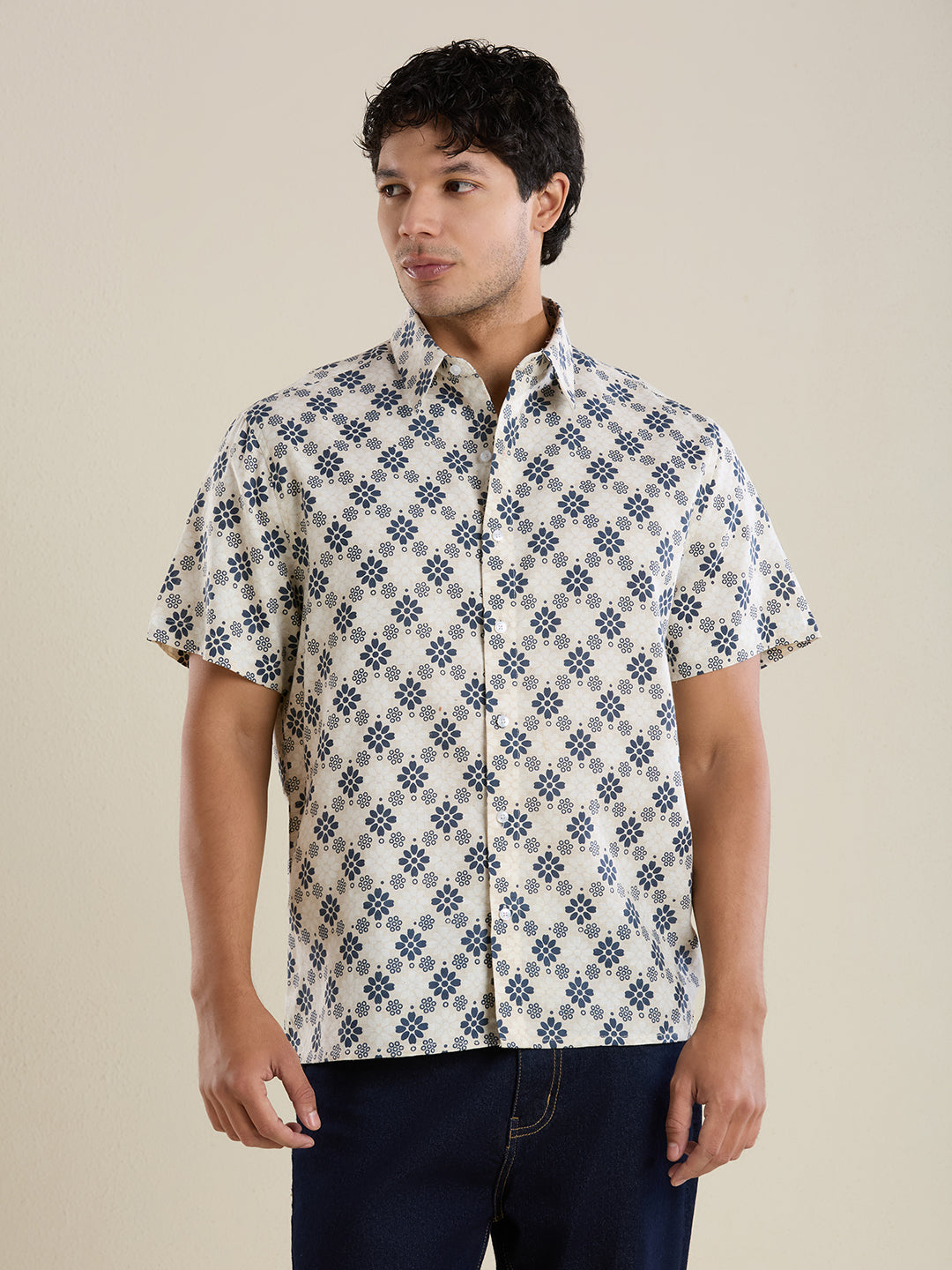 Men's Slim Fit Navy Print Linen Shirt