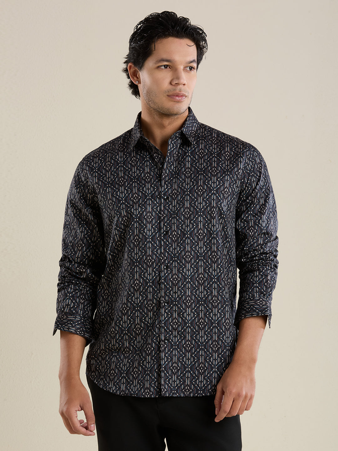 Men's Slim Fit Black Geometric Cotton Shirt
