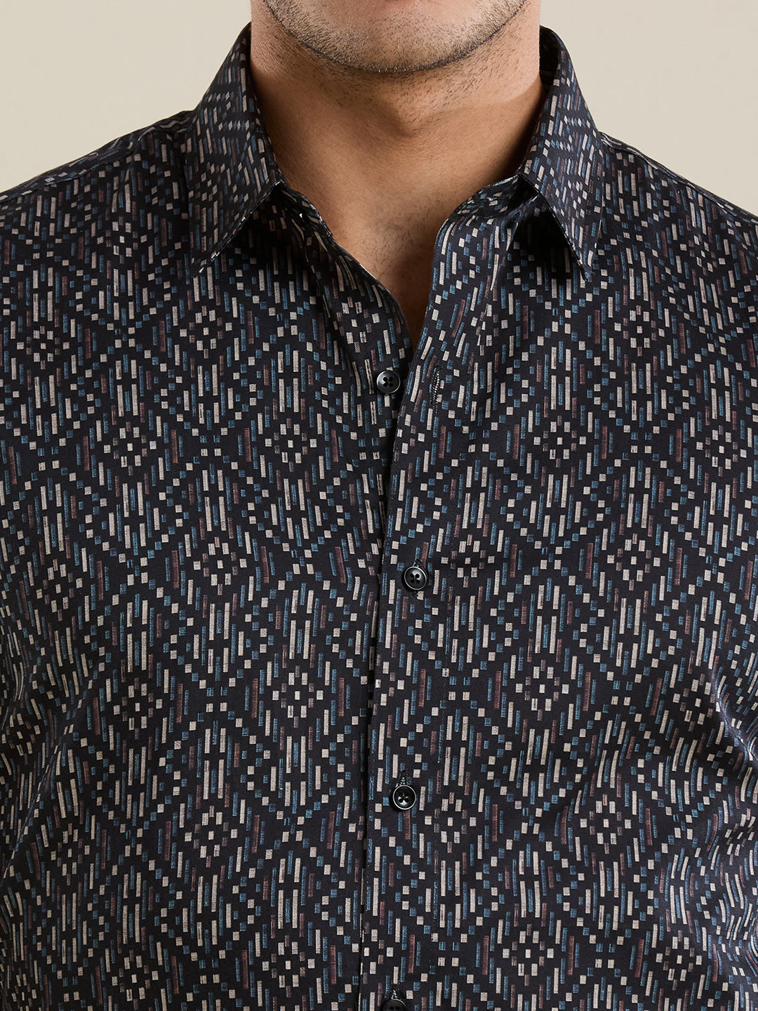 Men's Slim Fit Black Geometric Cotton Shirt