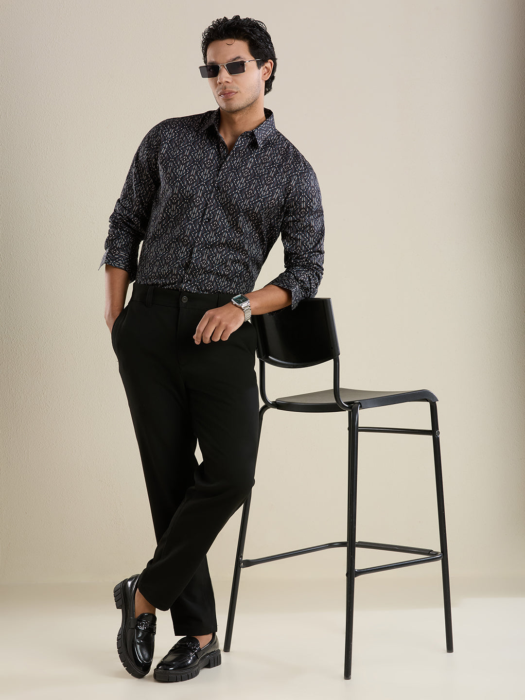 Men's Slim Fit Black Geometric Cotton Shirt