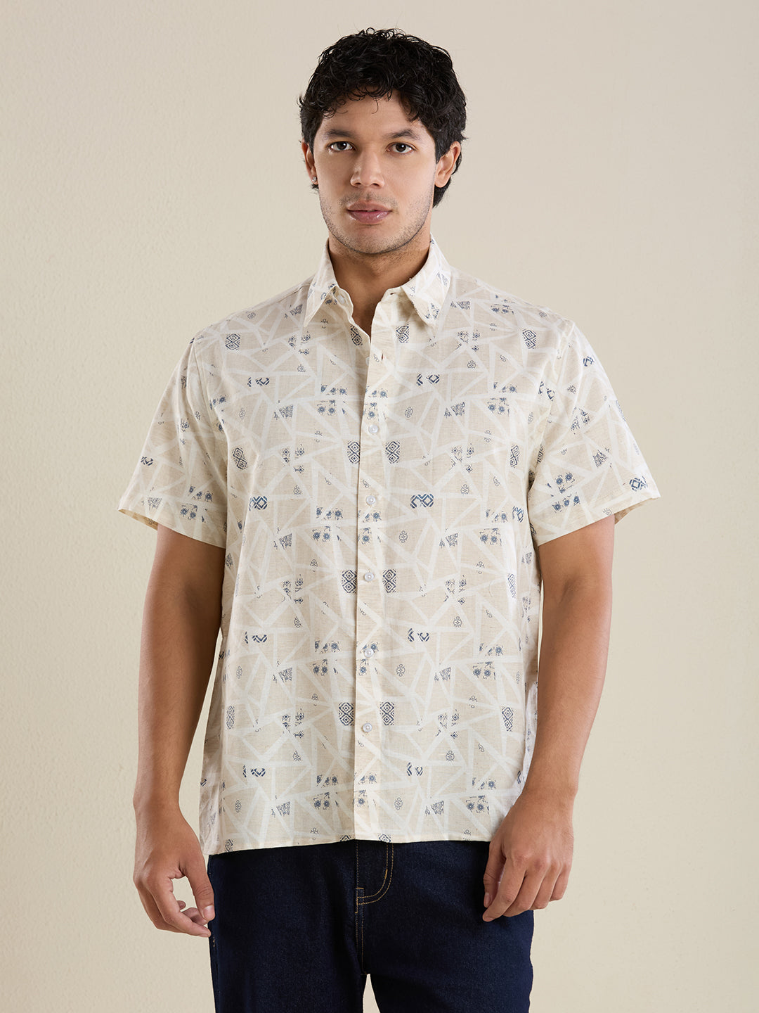 Men's Slim Fit Sand Printed Linen Shirt