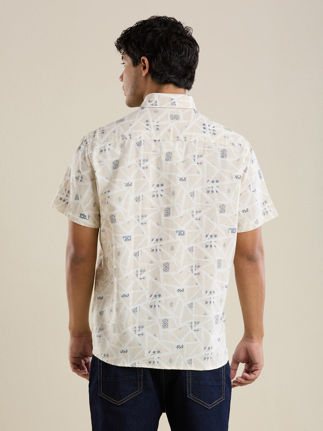 Men's Half-Sleeves Slim Fit Beige Printed Linen Shirt | Mark & Albert