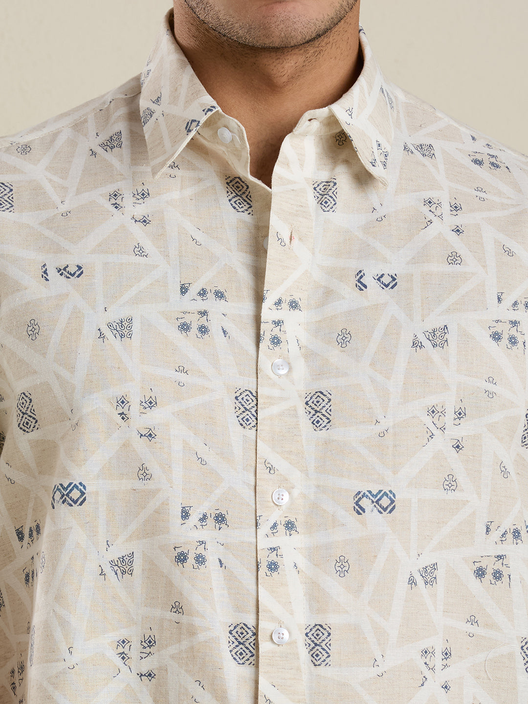 Men's Half-Sleeves Slim Fit Beige Printed Linen Shirt | Mark & Albert