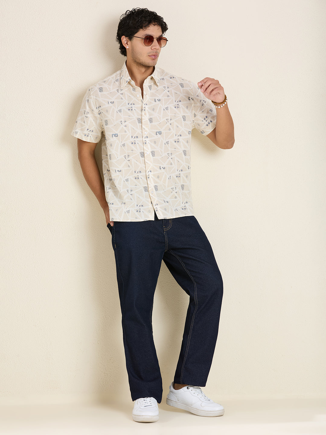 Men's Half-Sleeves Slim Fit Beige Printed Linen Shirt | Mark & Albert