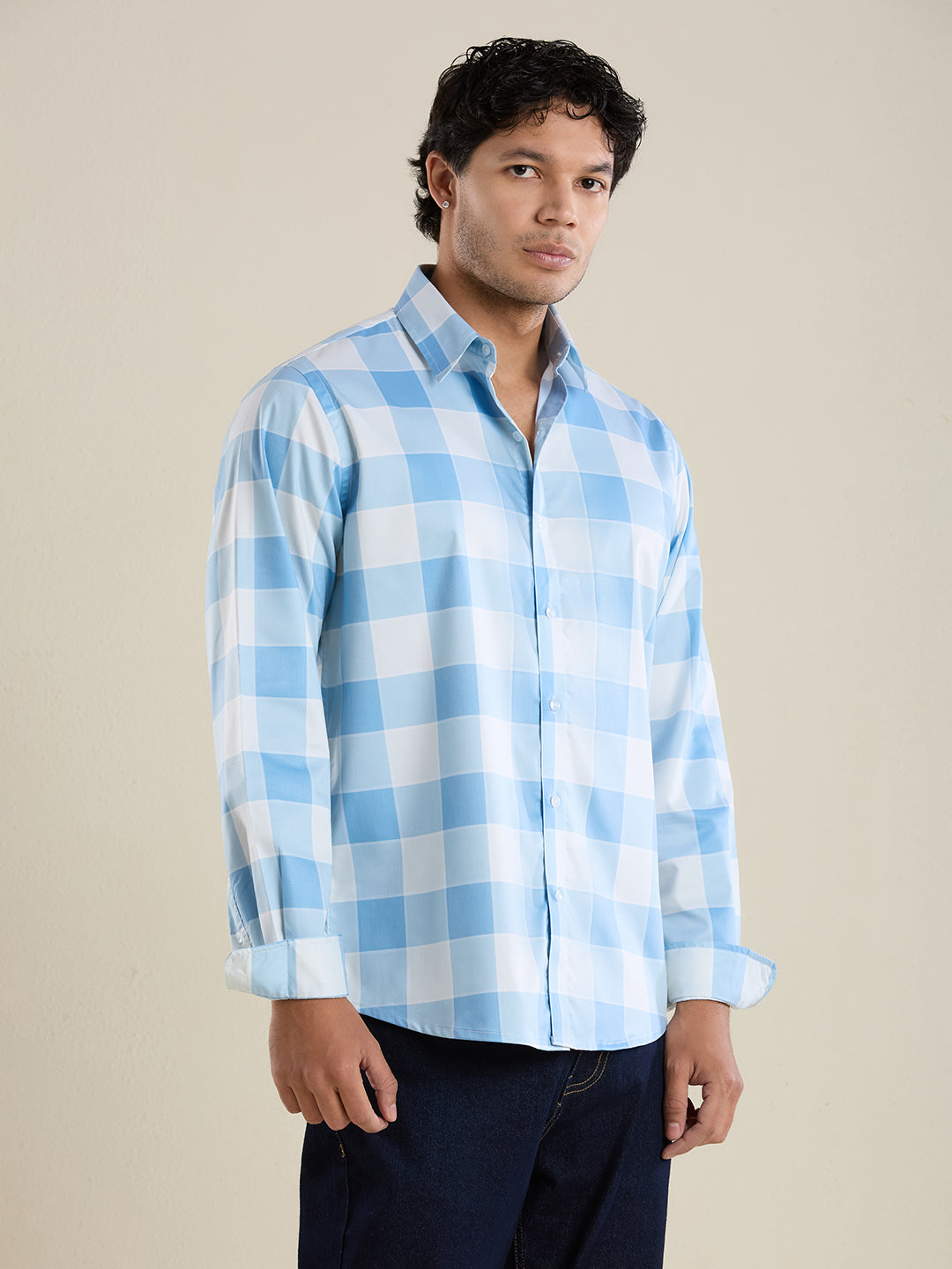 Men's Slim Fit Blue Checks Cotton Casual Shirt | Mark & Albert