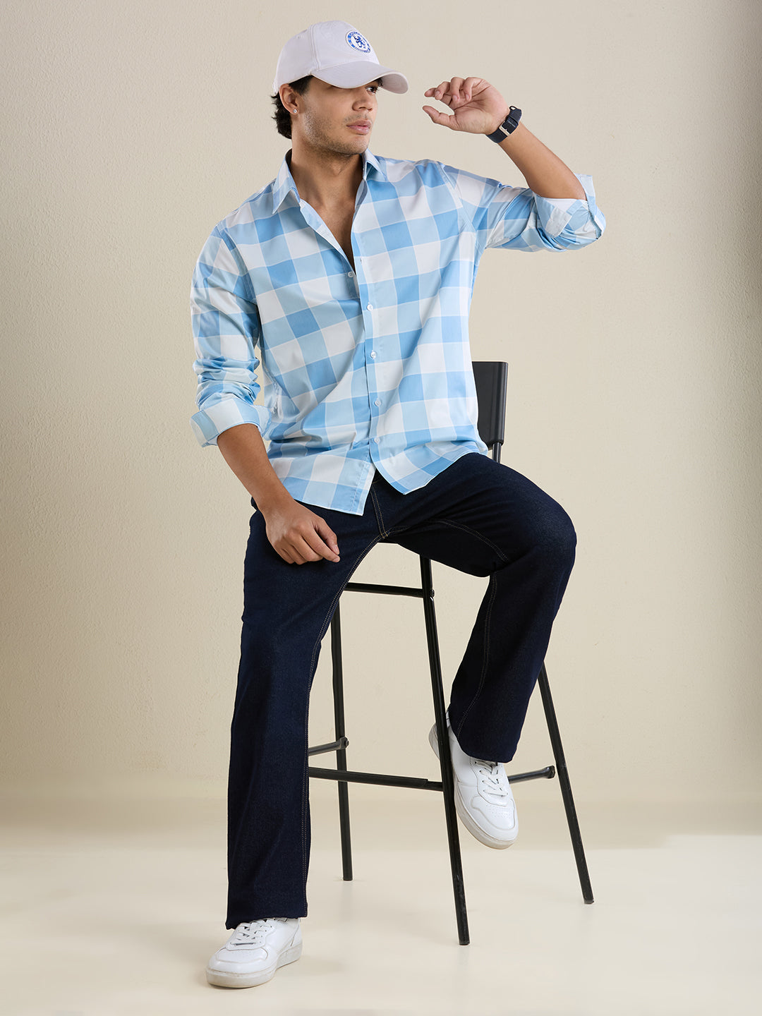 Men's Slim Fit Blue Checks Cotton Casual Shirt | Mark & Albert