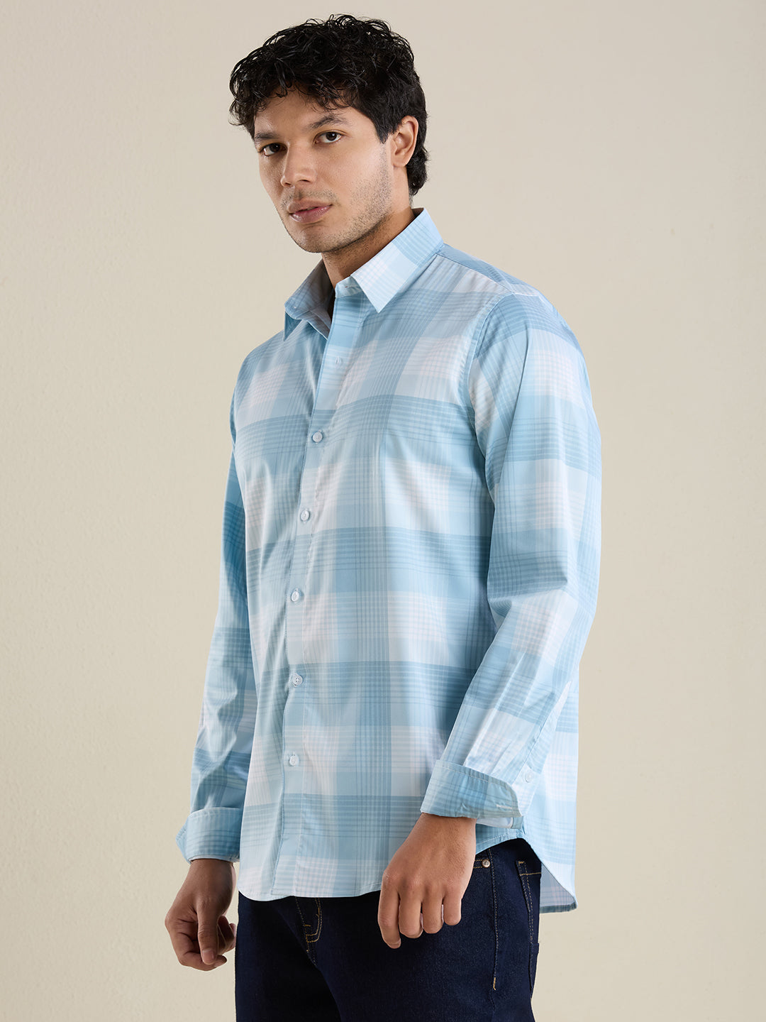 Men's Slim Fit Blue Checks Cotton Casual Shirt | Mark & Albert
