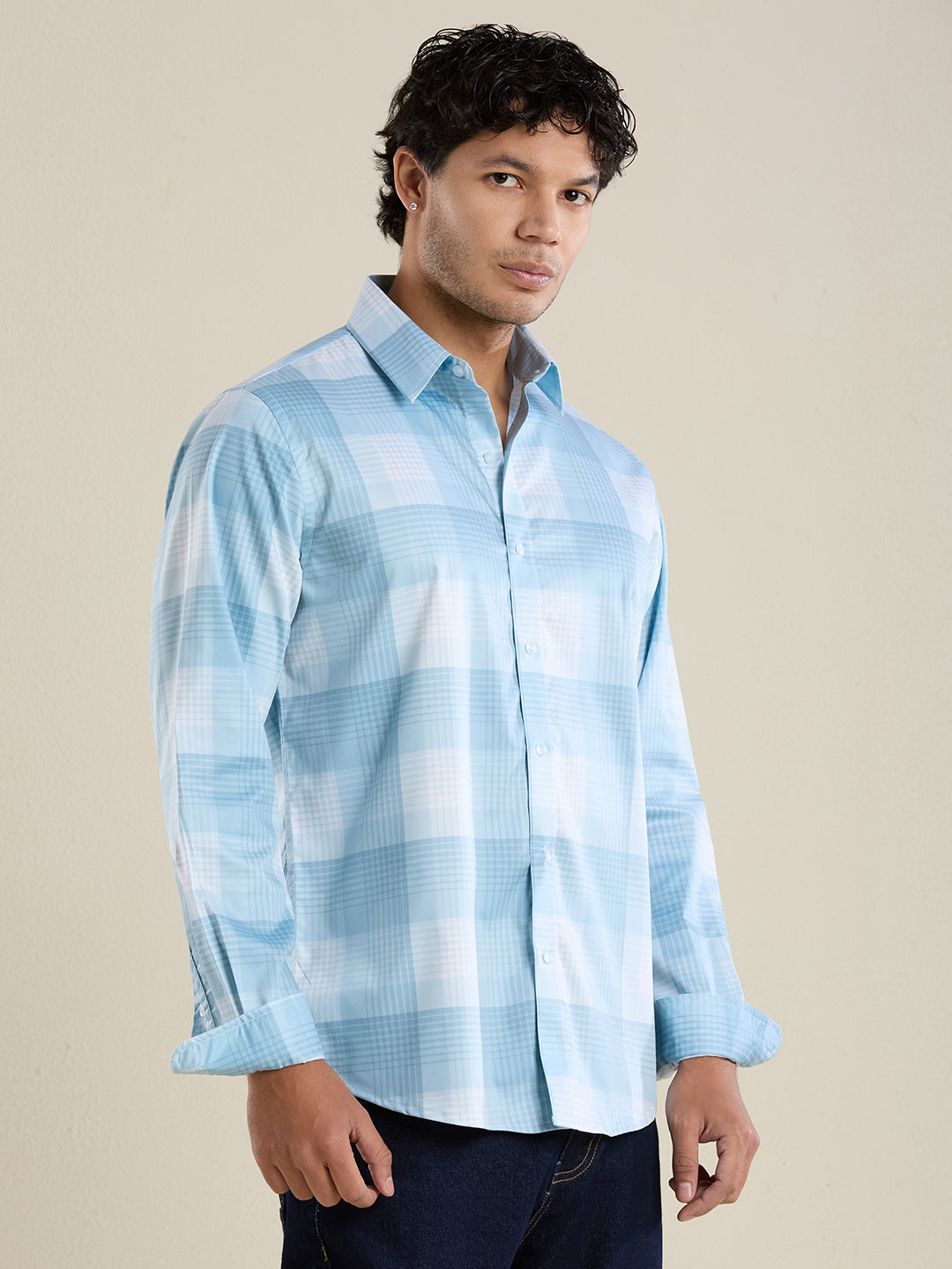 Men's Slim Fit Blue Checks Cotton Casual Shirt | Mark & Albert