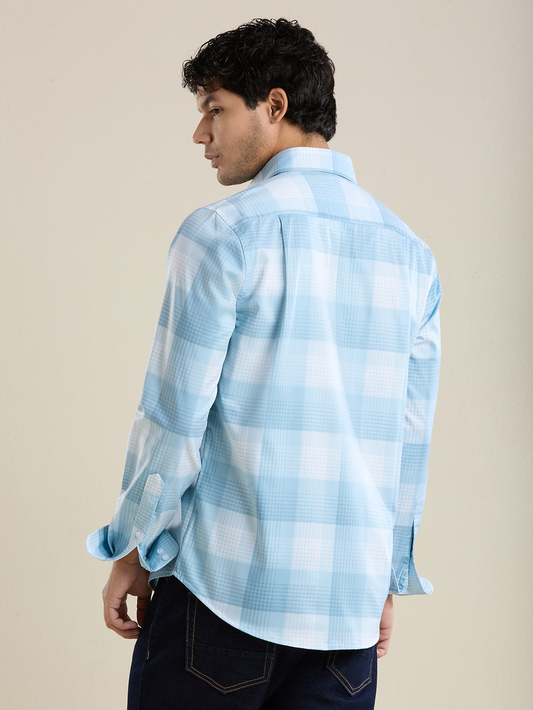 Men's Slim Fit Blue Checks Cotton Casual Shirt | Mark & Albert
