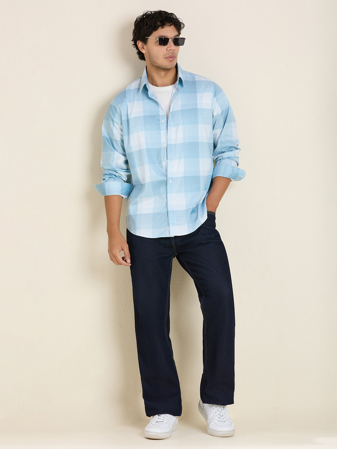 Men's Slim Fit Blue Checks Cotton Casual Shirt | Mark & Albert