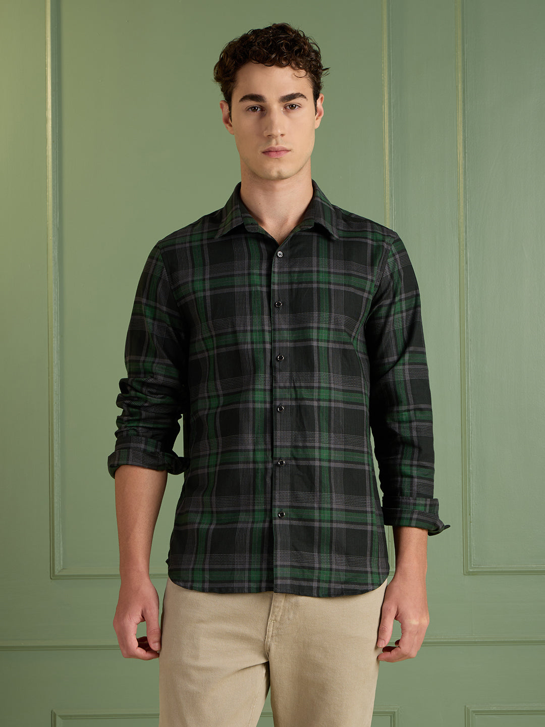 Men’s Black & Green Checkered 100% Cotton Slim Fit Casual Shirt | MARK & ALBERT