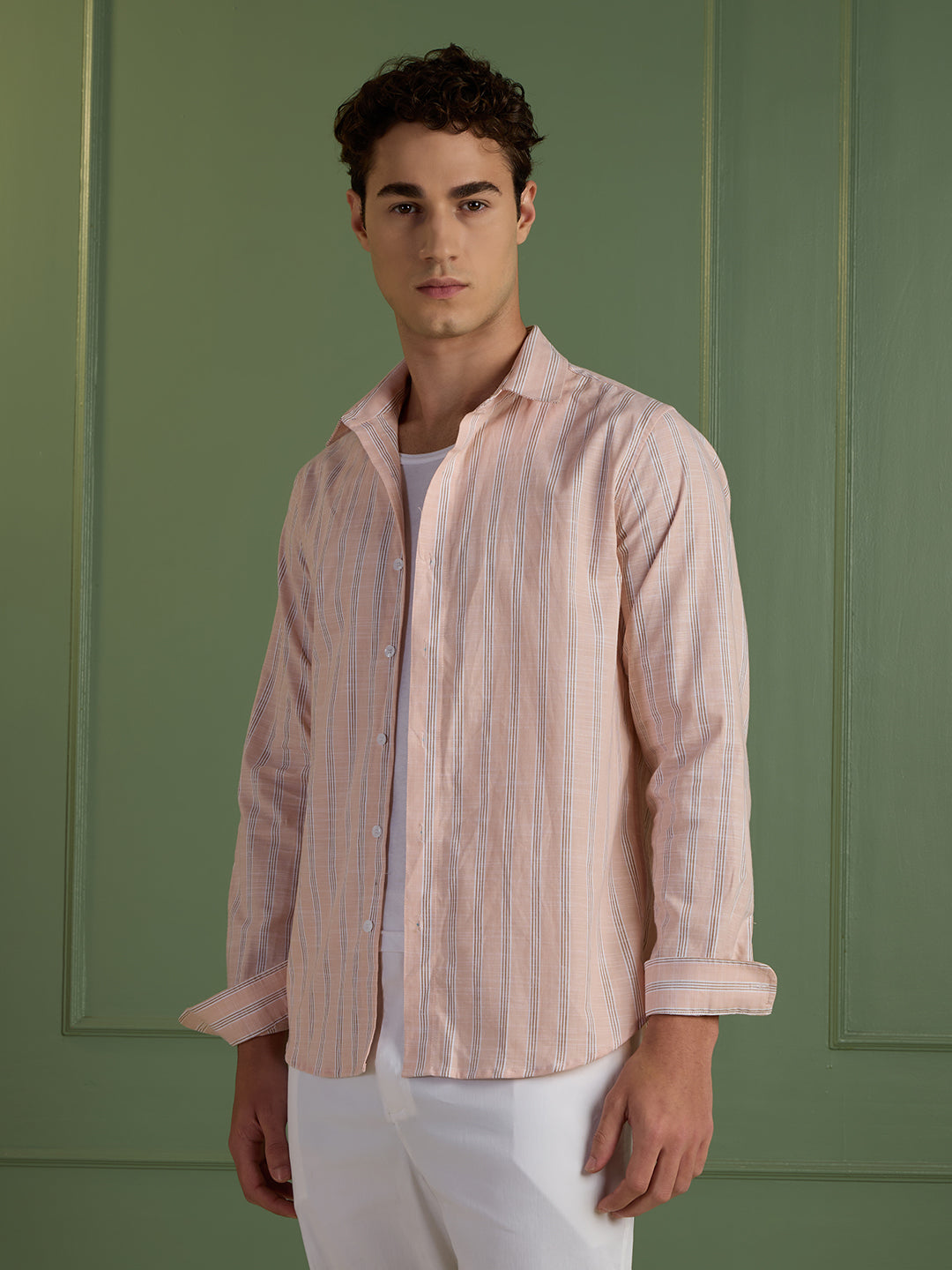 Men's Slim Fit Peach Striped 100% Cotton Casual Shirt | Mark & Albert